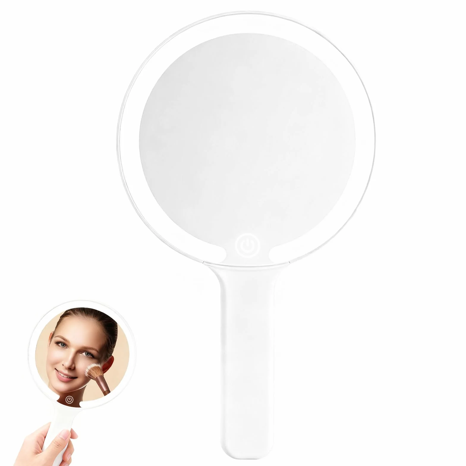 Miroir à Main avec Poignée Lumineux Portable, 3 Couleurs Claires, Interrupteur Tactile, Rond