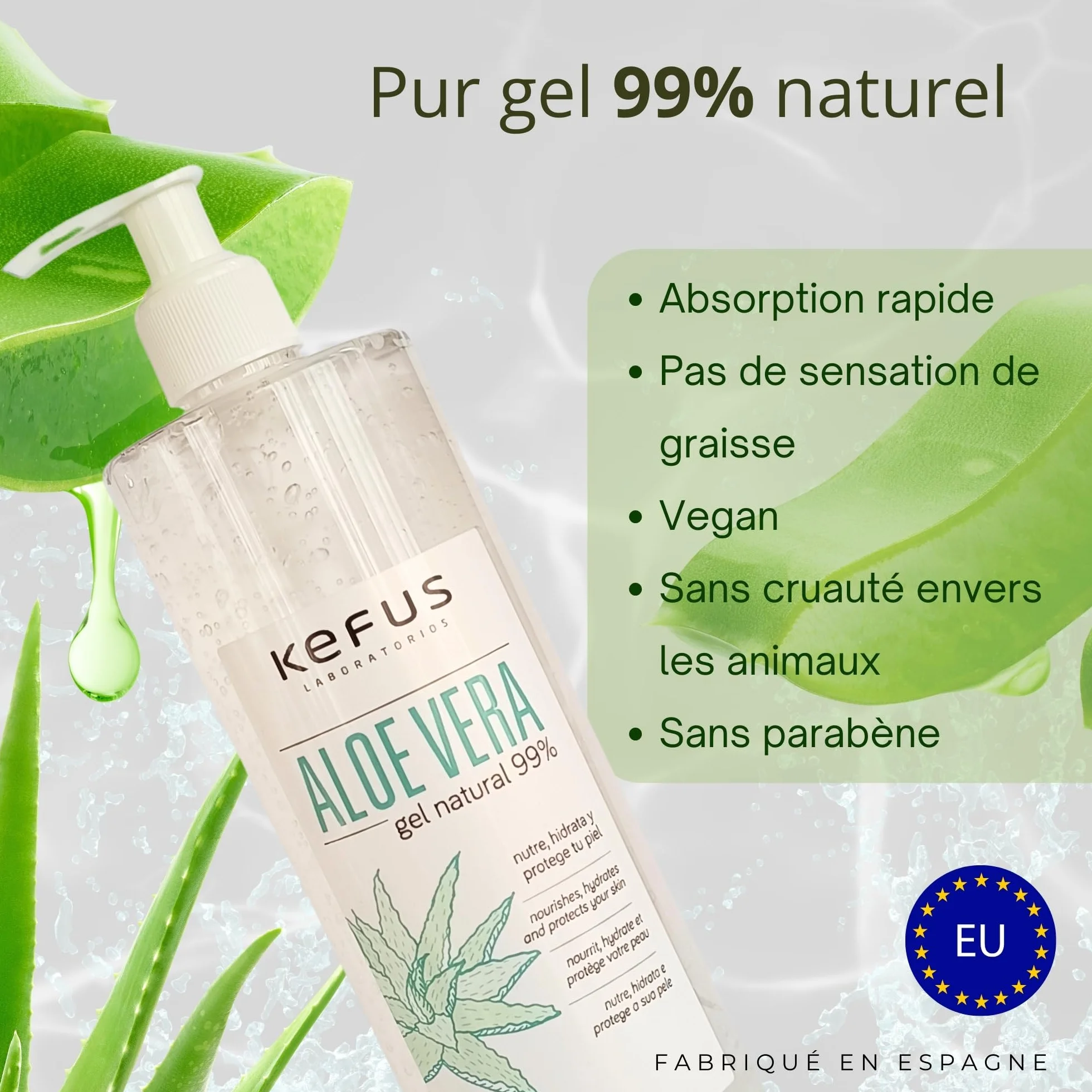 KEFUS Aloe Vera Gel Pur Naturel 500 ml Absorption Immédiate Non Grasse Nourrit Hydrate Rafraîchit Soigne Peau Après-Soleil