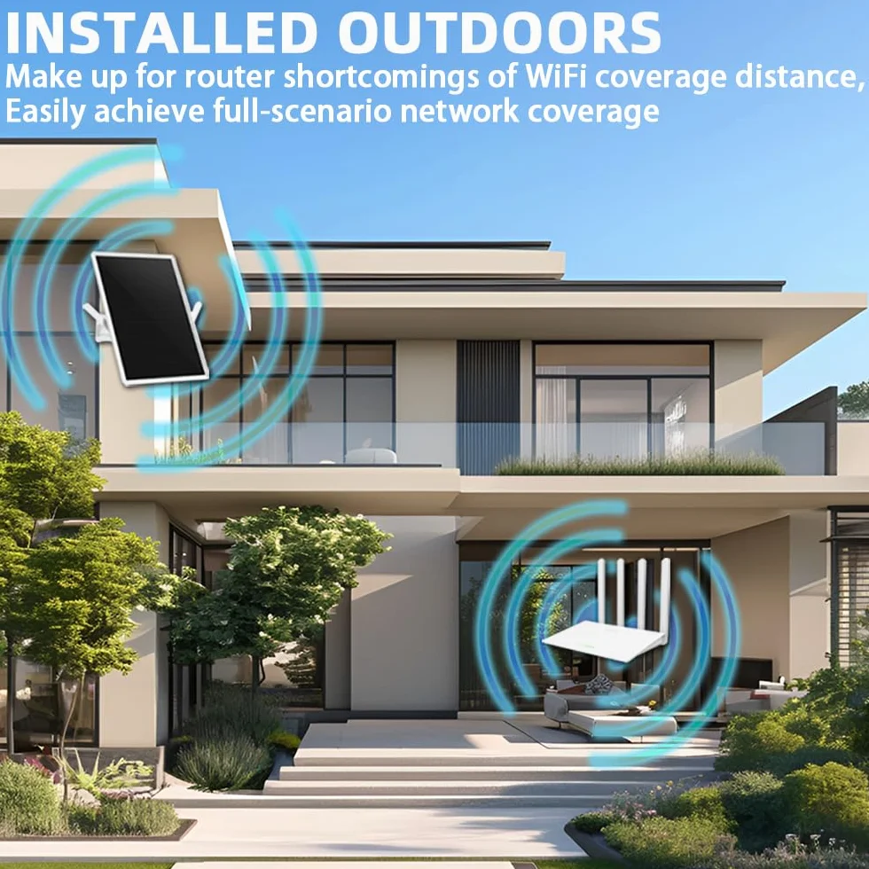 Repeteur WiFi Solaire Batterie Exterieur sans Fil, Puissant Amplificateur WiFi Couvre100-mètres, Outdoor répéteur WiFi Extender 2.4Ghz 300Mbps, Idéal pour Les Grands Espaces éloignés