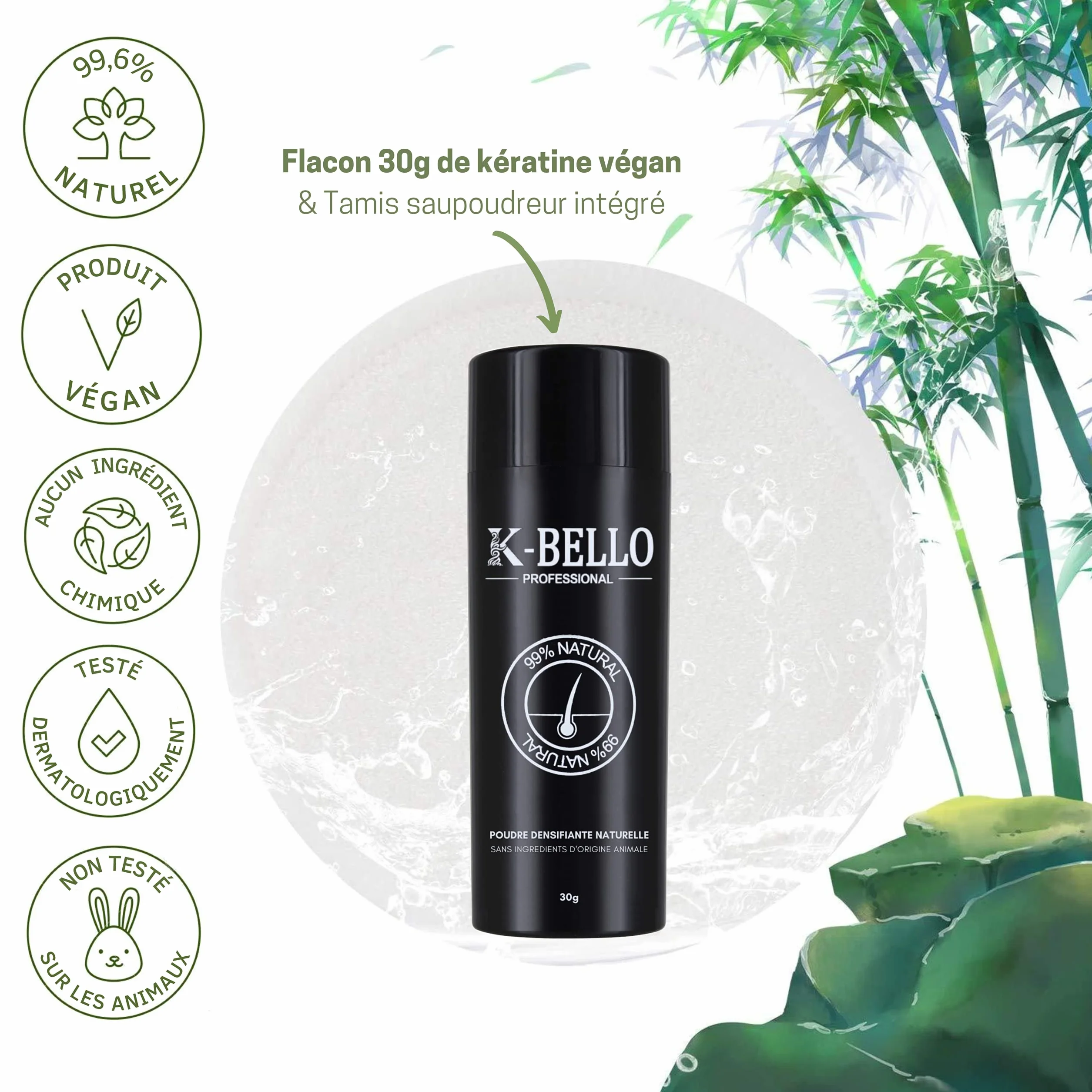 K-Bello Poudre densifiante cheveux Kératine Naturelle & Végan Masque calvitie alopécie perte de cheveux Fibres capillaire 30g Châtain Foncé