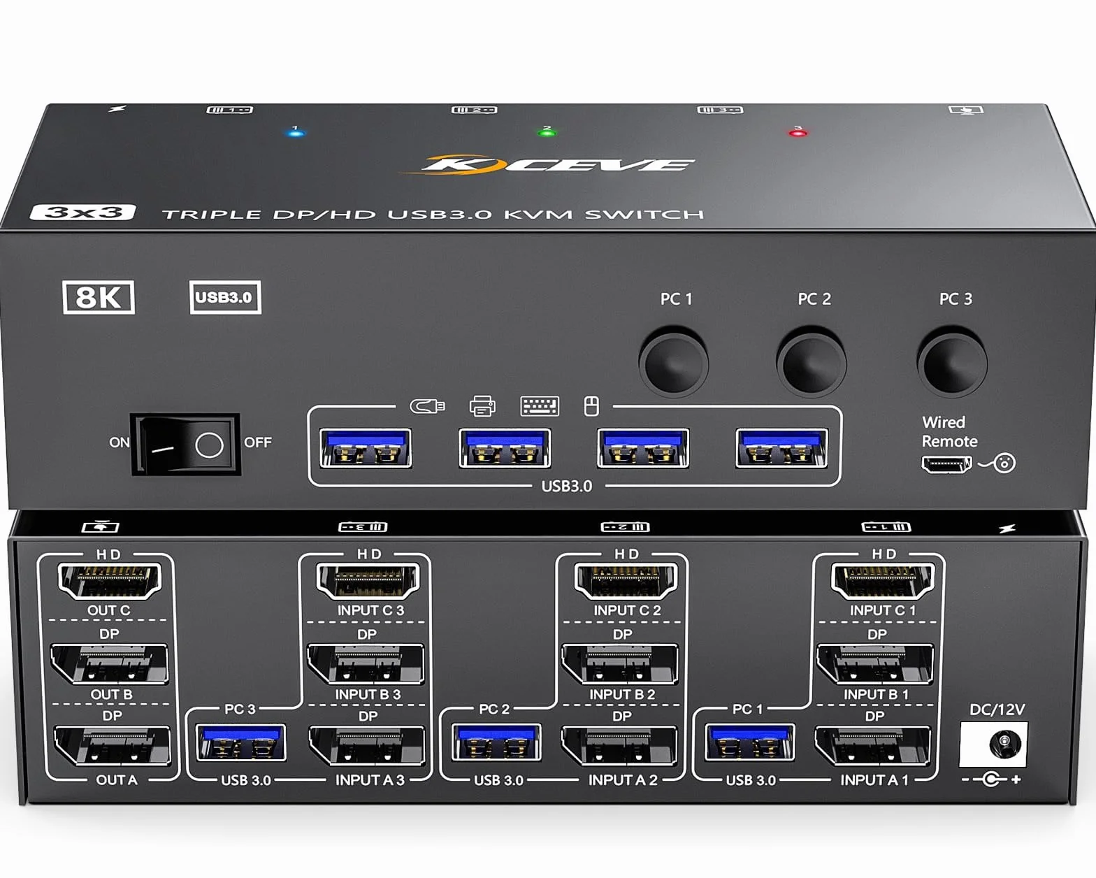 KVM Switch 3 PC 3 Monitor 8K@60Hz 4K@144Hz,HDMI + 2 Displayport Commutateurs KVM 3 PC 3 Ecran pour 3 Ordinateurs Partagés 3 Moniteurs et 4 Ports USB3.0, télécommande filaire et USB 3.0 câbles Inclus