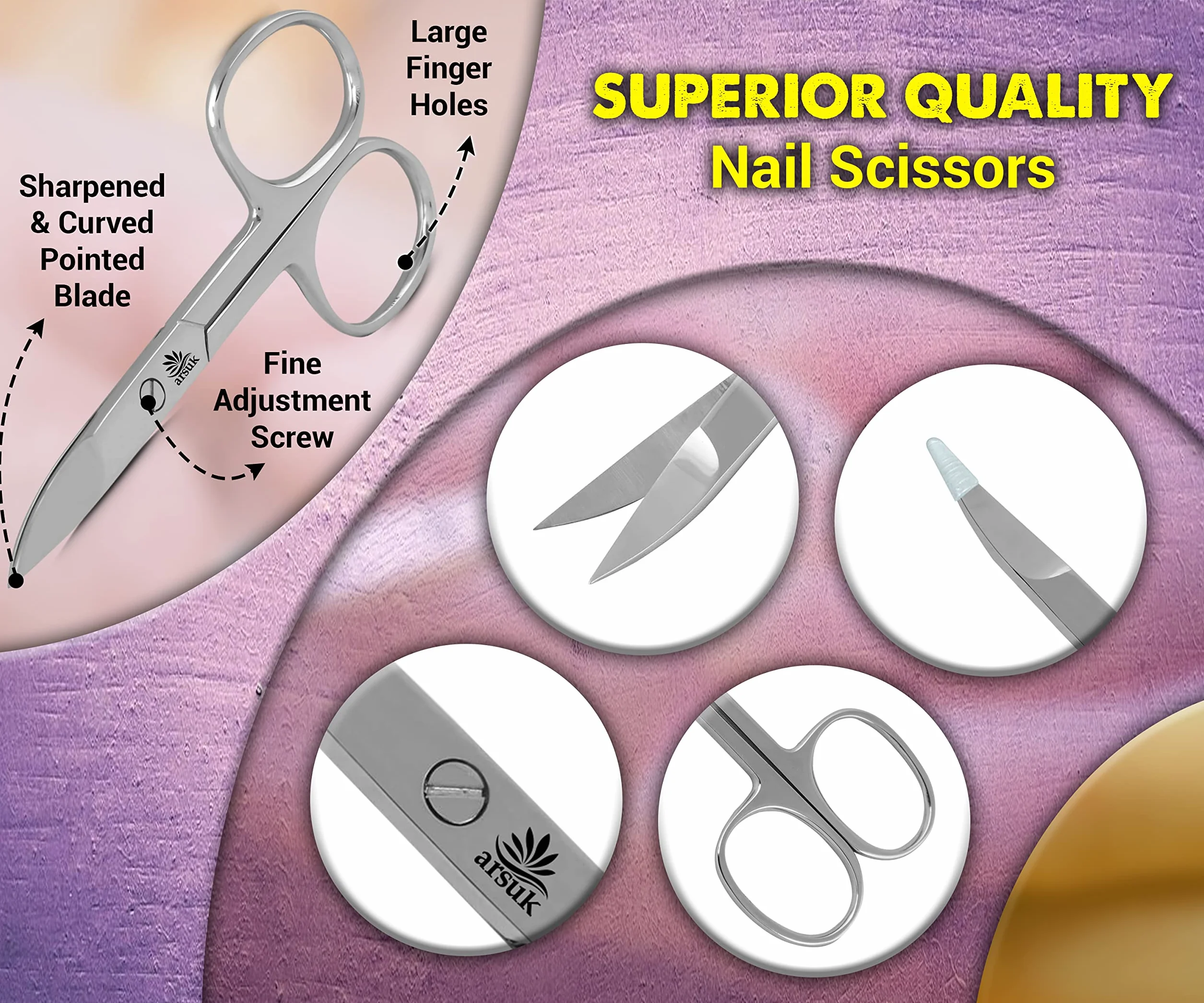 ARSUK Ciseaux à ongles incurvés en acier inoxydable pointus