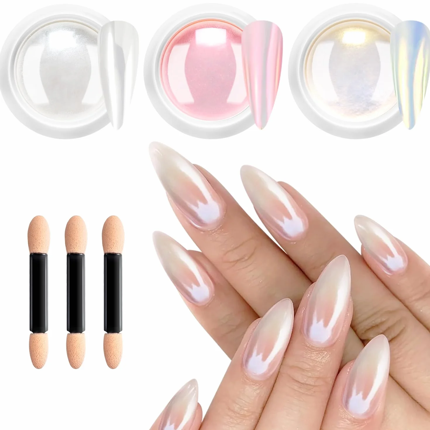 Poudre Chrome Ongle Nacrée Rose Effet Féerique Aurora Blanche Perle Chrome Ongle Effet Glace Transparente Paillettes Ongles Effet Miroir Nail Art DIY