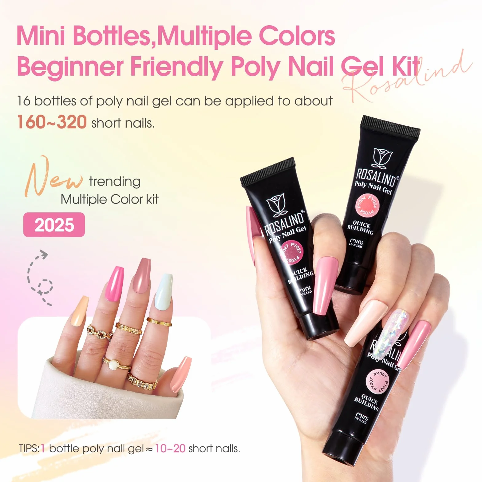 ROSALIND Acrygel Kit Complet Gel Extension d'Ongle 16 Couleurs 10 ml Lampe UV Base Top Coat Outils Manucure