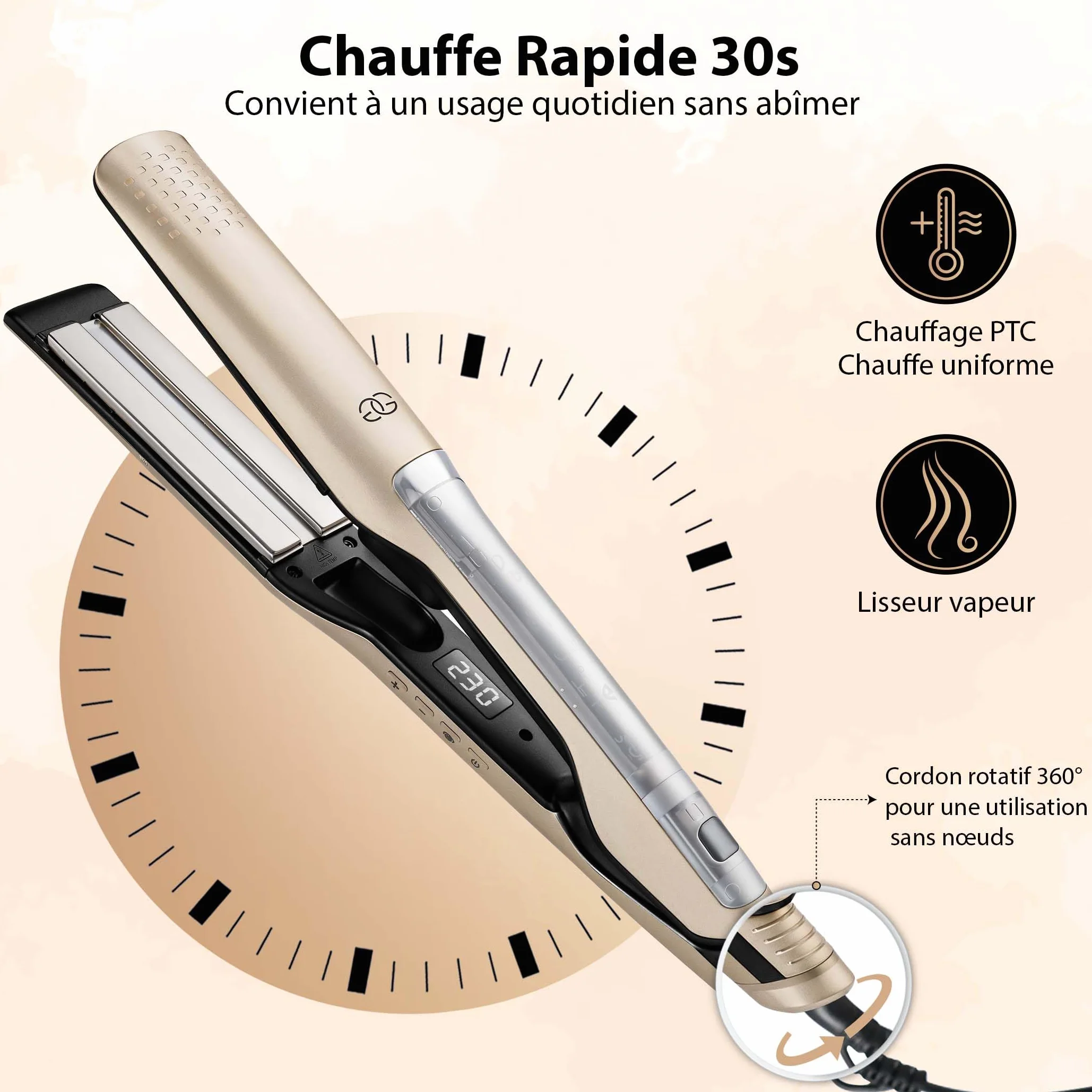 Steampod Pro Lisseur Vapeur Champagne Golden Goods Fer à Boucler 10 réglages 230ºC Céramique Ionique