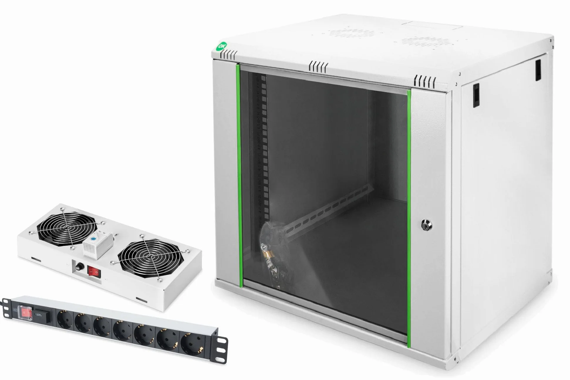 DIGITUS Set: Armoire réseau 19" 12U + Ventilateur de Toit + Bloc multiprise 7 Ports // Rack 19 Pouces - Montage Mural - Profondeur 450mm - Charge 60kg - Profondeur utile 335-380 mm - Gris