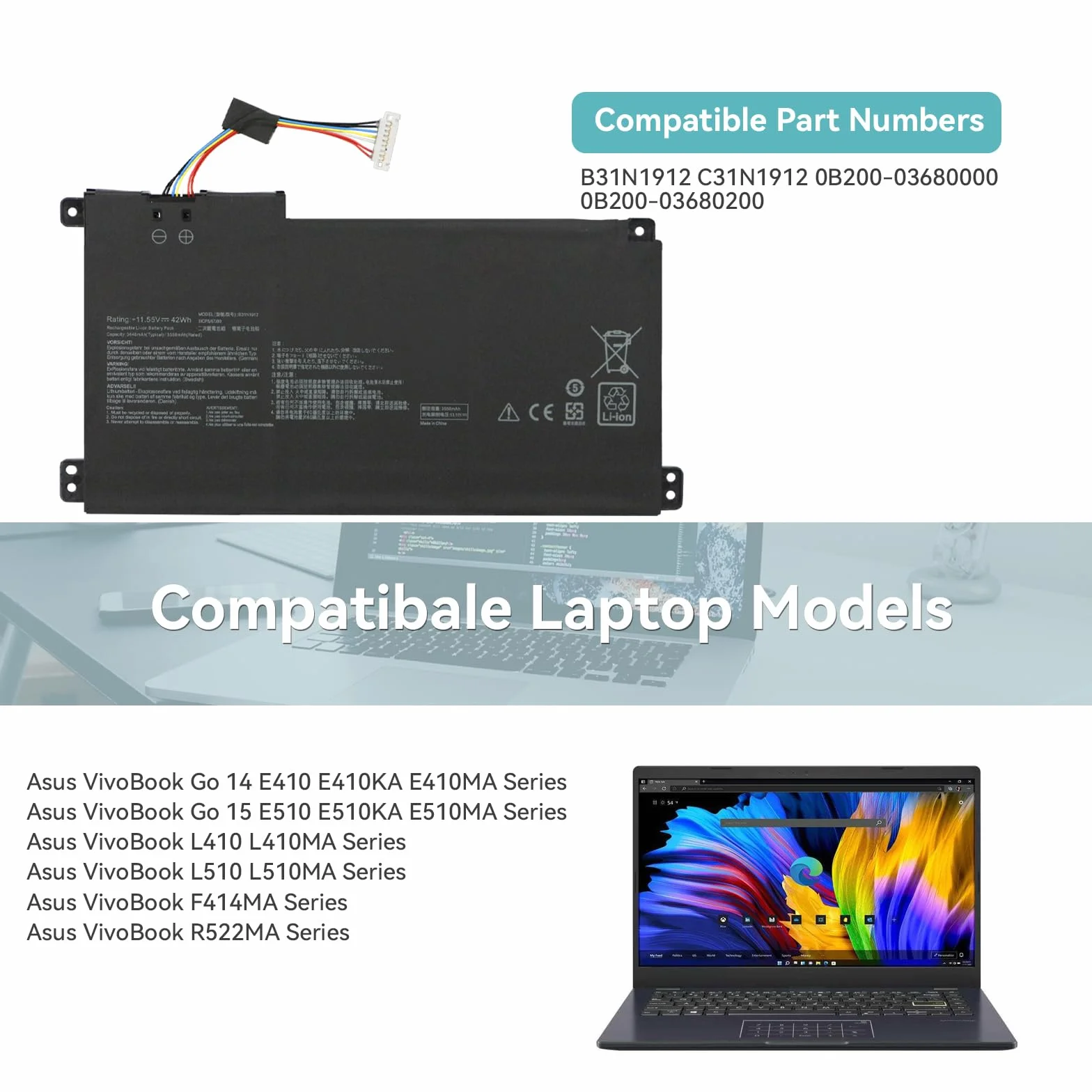 Batterie pour ASUS VivoBook E410 E510 L410 L510 Go 14 15 E410M E410MA E410K E410KA E510K E510KA E510M E510MA L410M L410MA R429M R429MA L510MA L510KA L410KA
