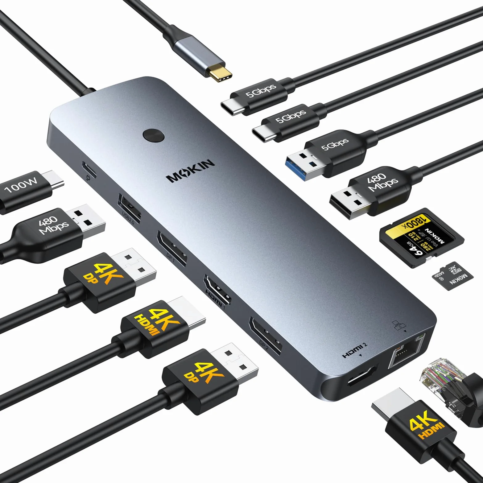 MOKiN Docking Station d'accueil USB C 3 Écran, HUB USB C 2HDMI 2DP | Dock Triple Moniteurs Dual HDMI et DisplayPort 4K@60Hz, 100W PD, USB-A/C 3.0, SD/microSD pour Ordinateurs Windows Mac