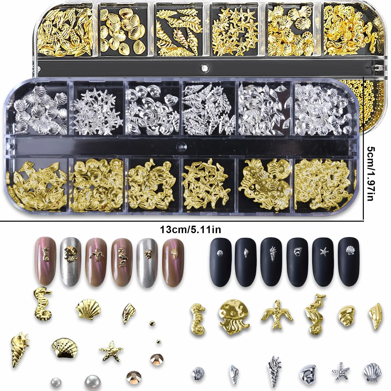 Charmes pour ongles en coquillages d'été, clous d'ongles dorés océan, strass acrylique (or)