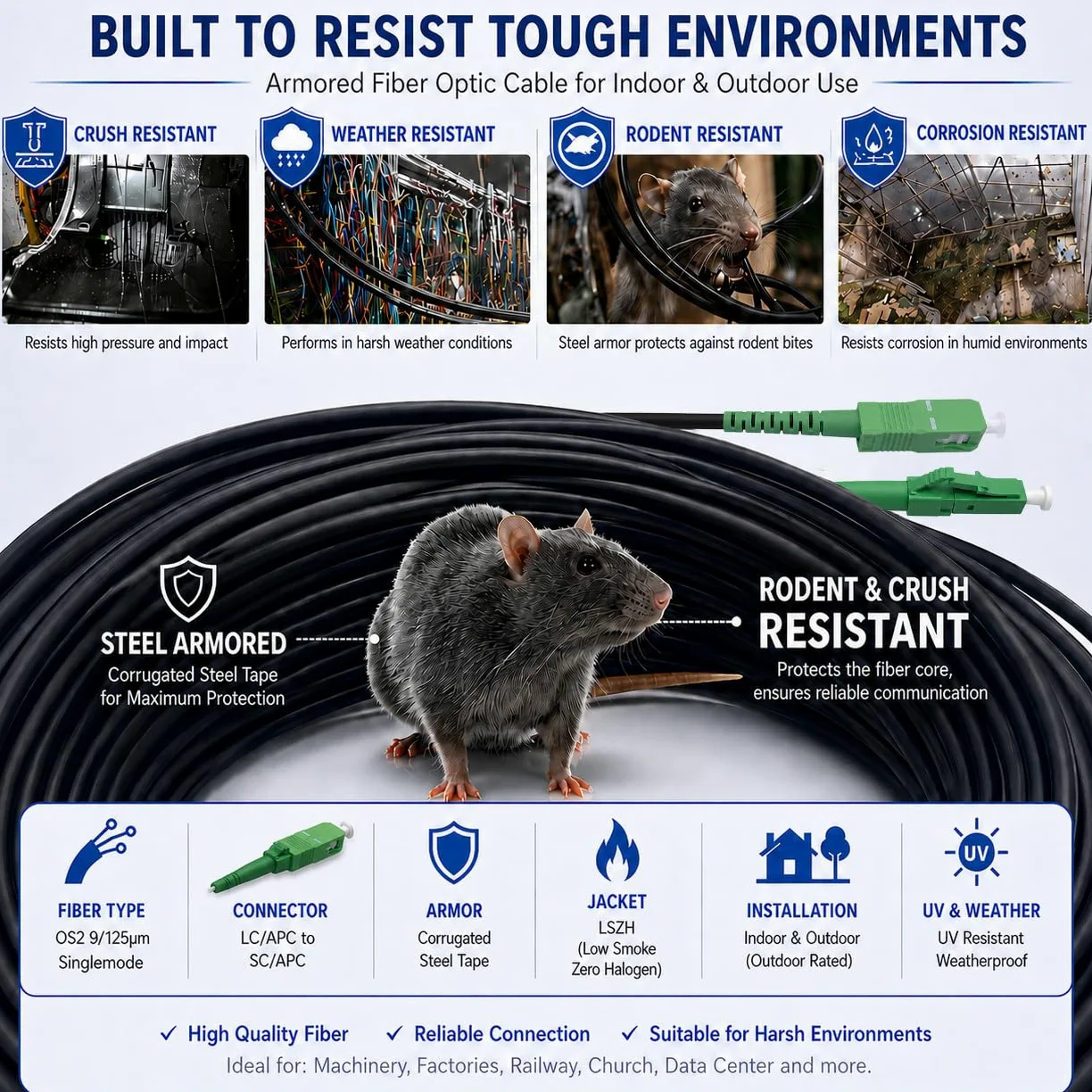 Elfcam® - Câble à Fibre Optique en Acier Blinde SC/APC à LC/APC OS2 Simplex Monomode LSZH, Noir (70M)