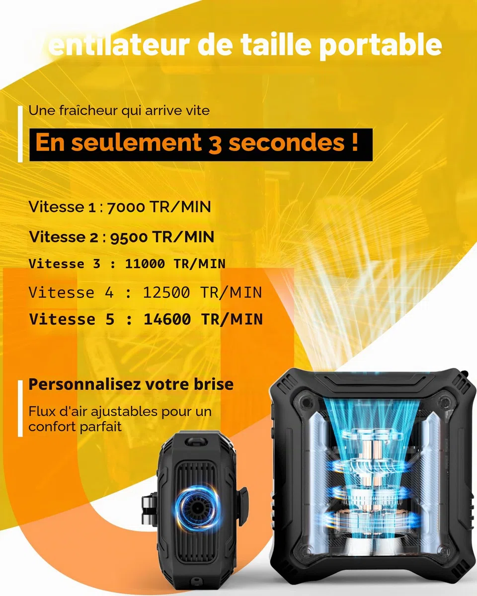 TUNISE Ventilateur portable avec 5 réglages de vitesse, clip double face sur ceinture pour 8000 mAh, 2 réglages, y compris lampe de poche, essentiel de voyage pour le camping en plein air comme banque