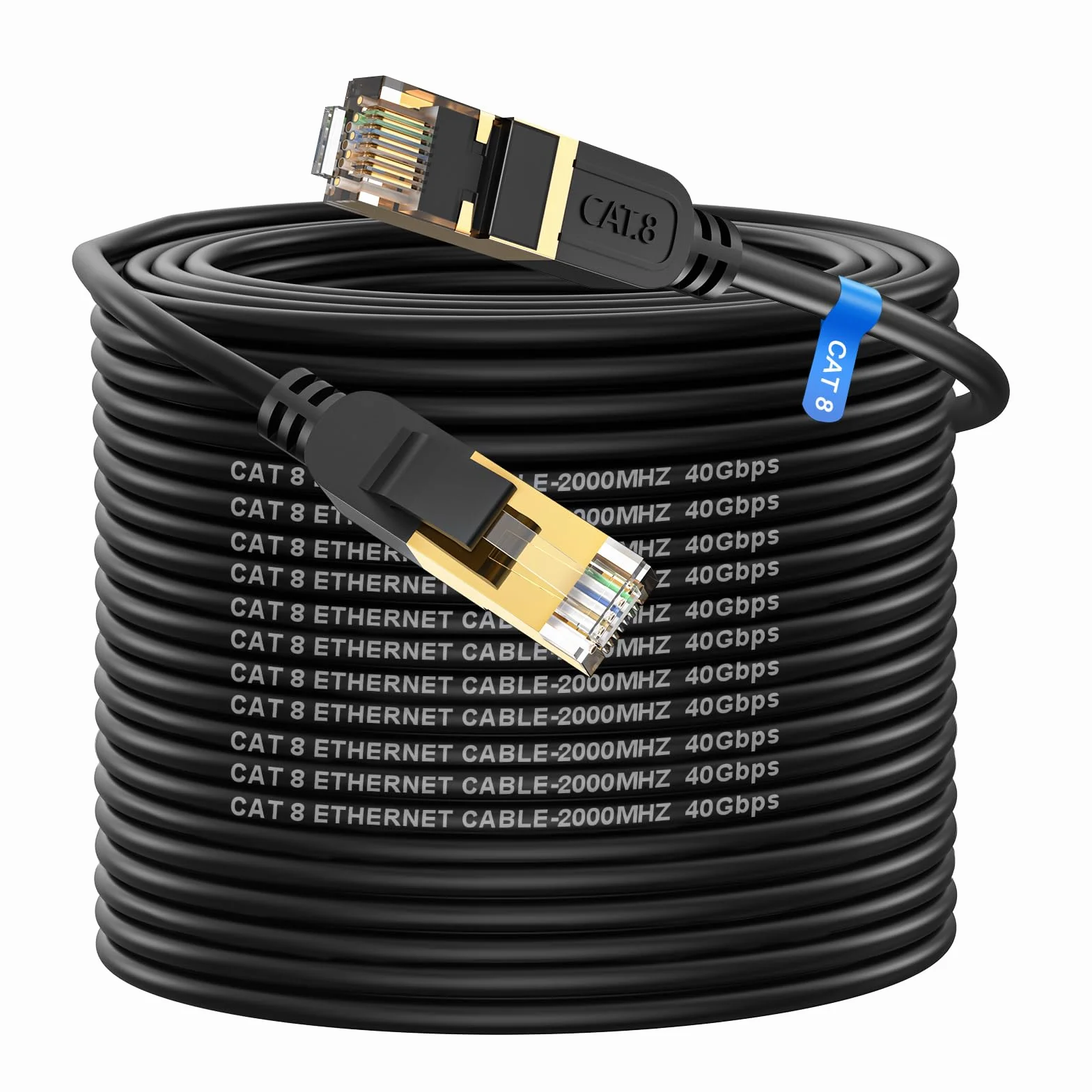 Câble Ethernet 50m Cat 8, 40 Gbit/s, 2000 MHz, RJ45 Plaqué Or, Extérieur Imperméable