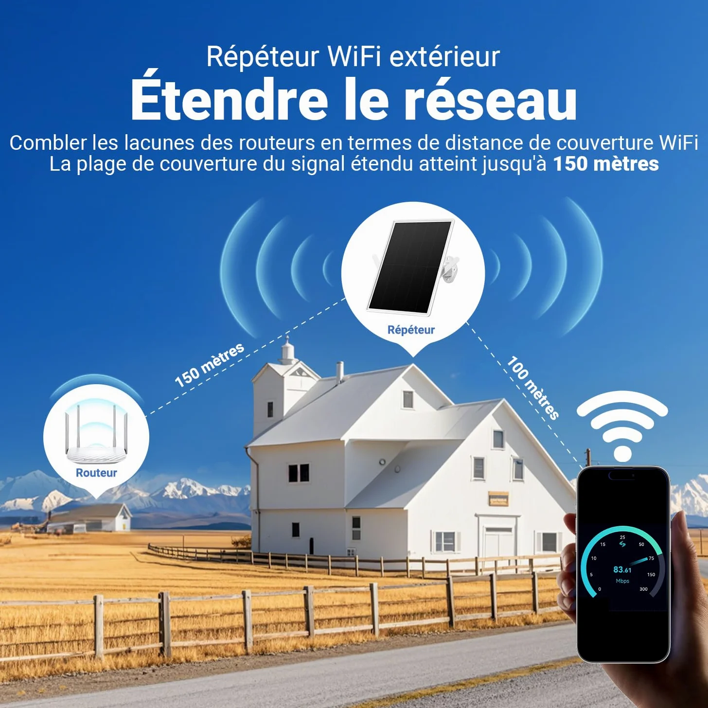 Répéteur Solaire d'extérieur résistant aux intempéries, amplificateur de Signal Internet sans Fil 2,4 GHz avec énergie Solaire + Batterie de 20000 mAh, Pas de Zones mortes WiFi pour la