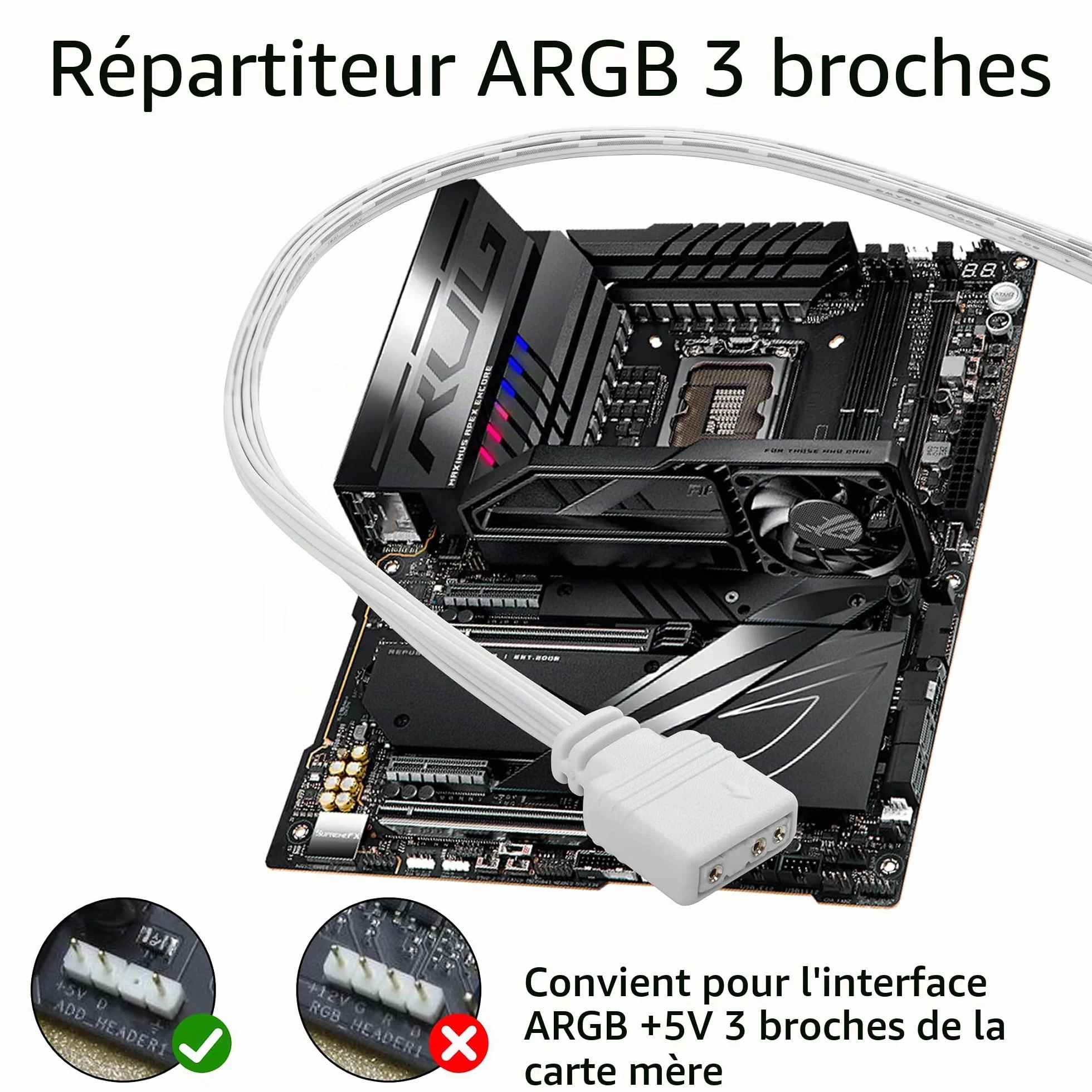 Câble répartiteur ARGB 5 V 1 femelle vers 4 mâles 3 broches pour ventilateur ordinateur blanc