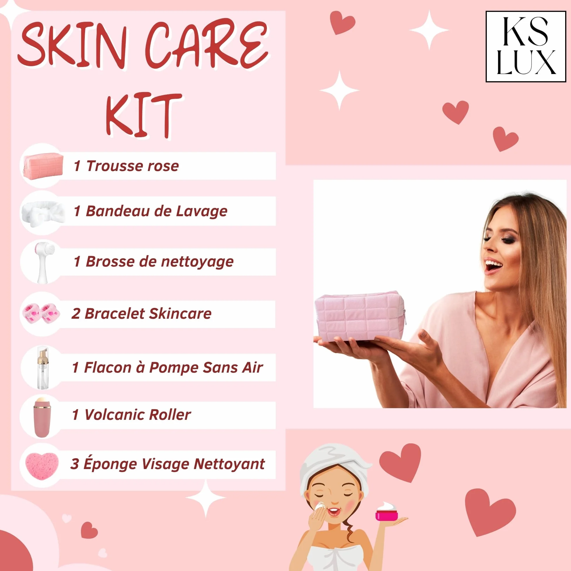 KS LUX coffret soin visage femme skincare coréenne avec brosse nettoyante visage et bandeau cheveux maquillage