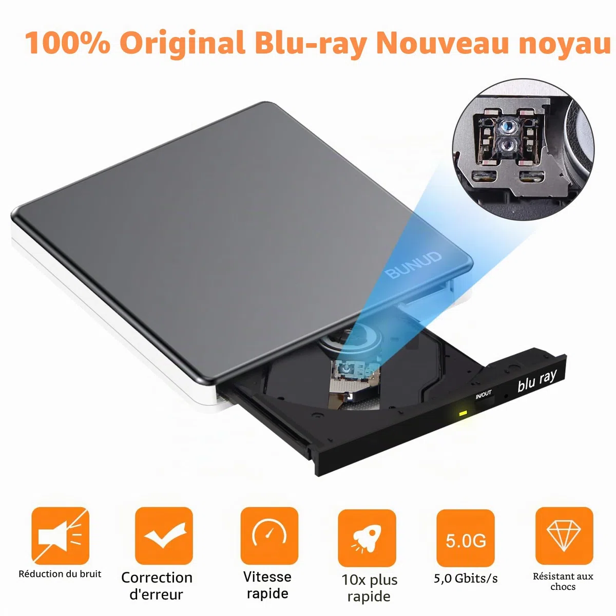 Lecteur externe Blu-ray CD DVD USB 3.0 & Type-C Graveur CD/DVD Blu-ray 2 ports USB & SD/TF Compatible PC Portable Windows 11/10 Mac MacBook