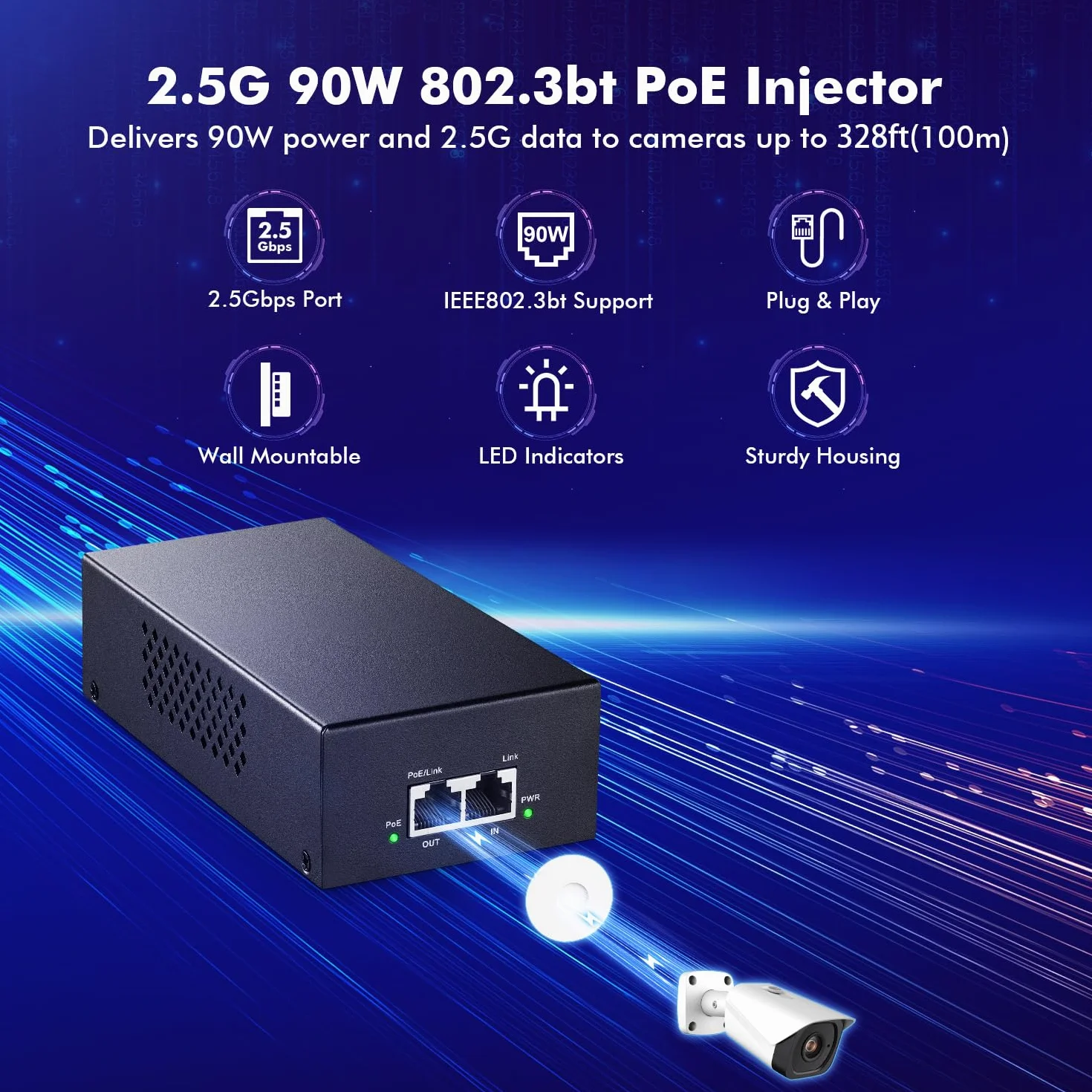 MokerLink Injecteur PoE 2,5 Gigabit, 802.3af/at/bt 90W, Ethernet 2,5G/1G/100M, Plug & Play, adaptateur non PoE vers PoE, boîtier en métal, distance jusqu'à 100 mètres