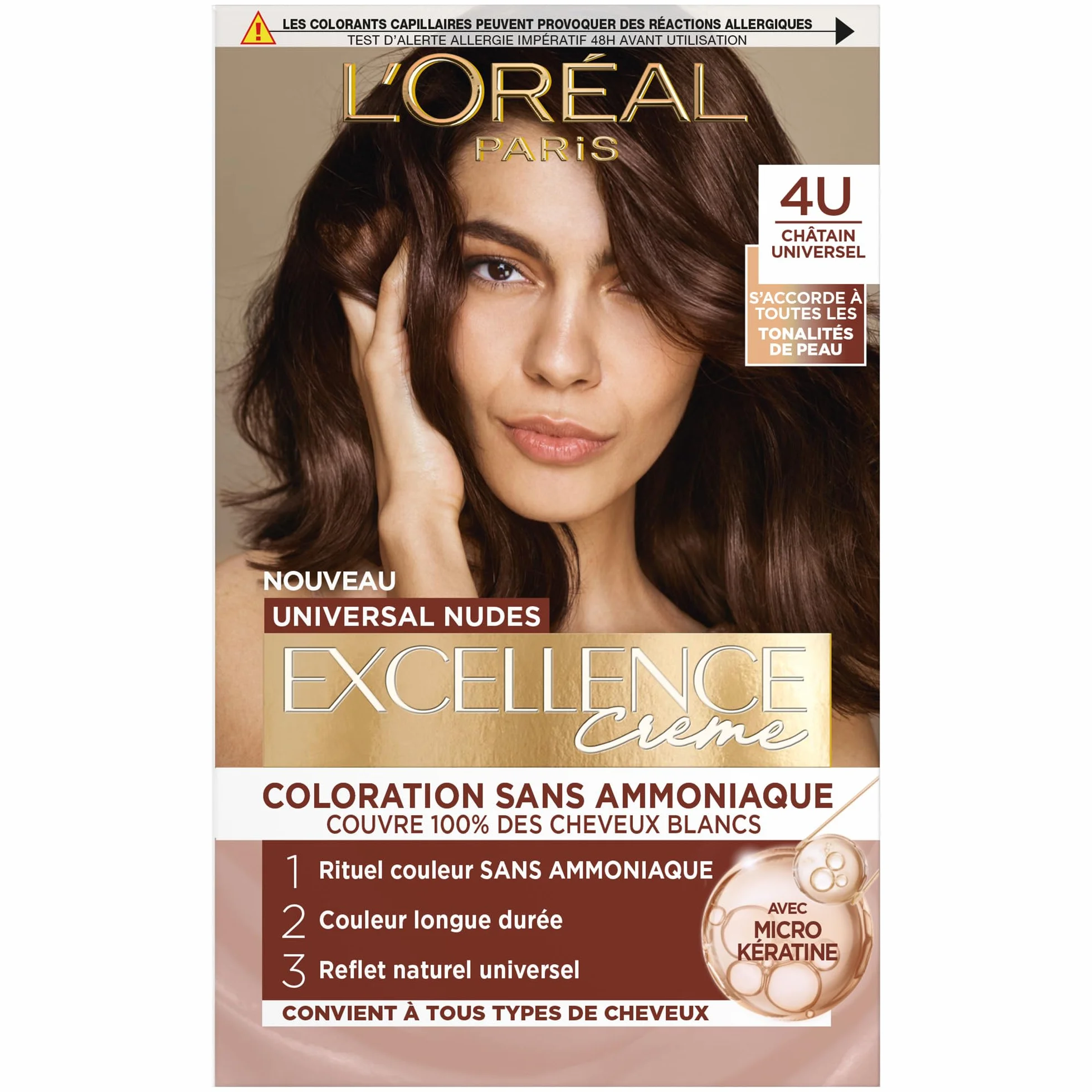 L’ORÉAL PARIS Excellence Crème Universal Nudes Châtain Universel (4U) Coloration Cheveux Permanente Couvre 100% Cheveux Blancs