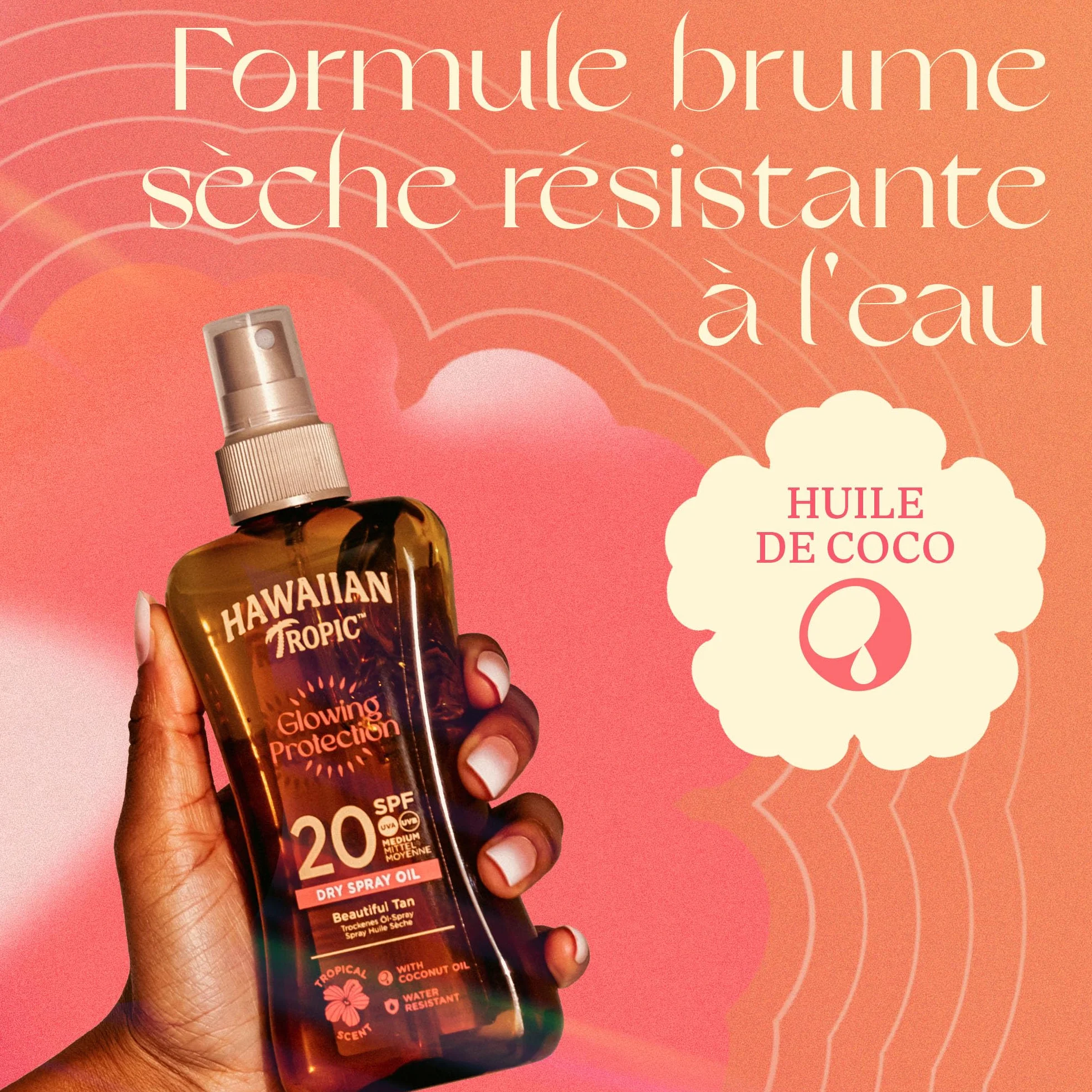 Hawaiian Tropic Glowing Protection Huile Sèche Écran Solaire SPF 20 UVA UVB 200 ml Résistant à l'eau Végan