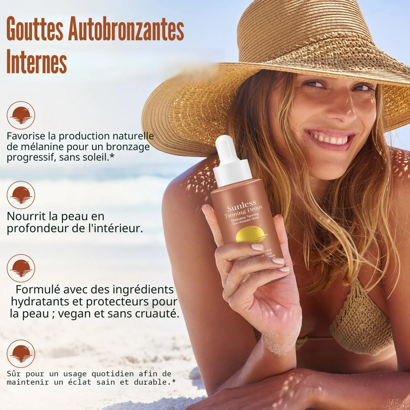 Gouttes de bronzage sans soleil à boire, hydratante pour visage et corps, lueur ensoleillée