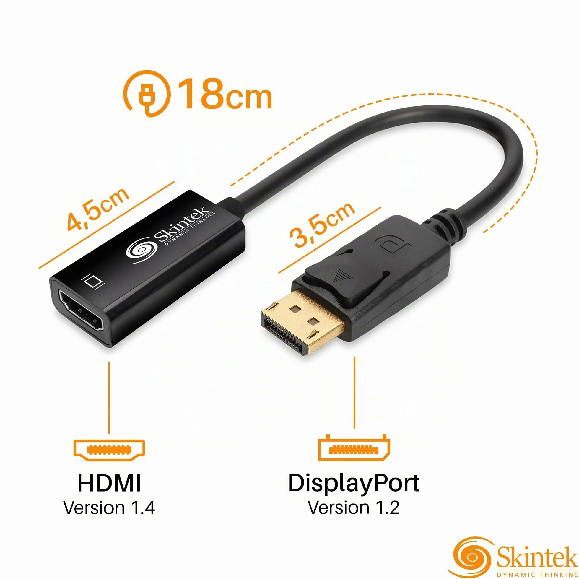 Skintek SK-04-DPH Adaptateur Display Port DP vers HDMI 4K 60 Hz mâle-Femelle 18 cm