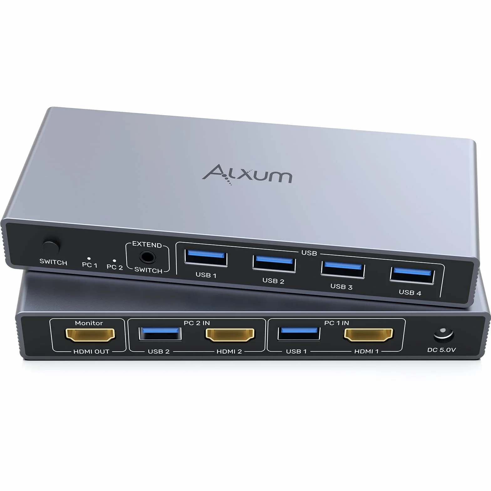Alxum Commutateur KVM USB HDMI 2 PC 1 moniteur, deux ordinateurs pour partager un écran avec quatre ports USB, incluant un contrôleur de bureau, 2 câbles USB et un adaptateur d'alimentation