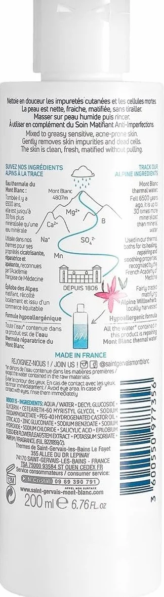 Saint Gervais Mont Blanc Gel Nettoyant Purifiant 200ML pour Peaux Mixtes à Grasses à l’Eau Thermale Zinc Acide Salicylique