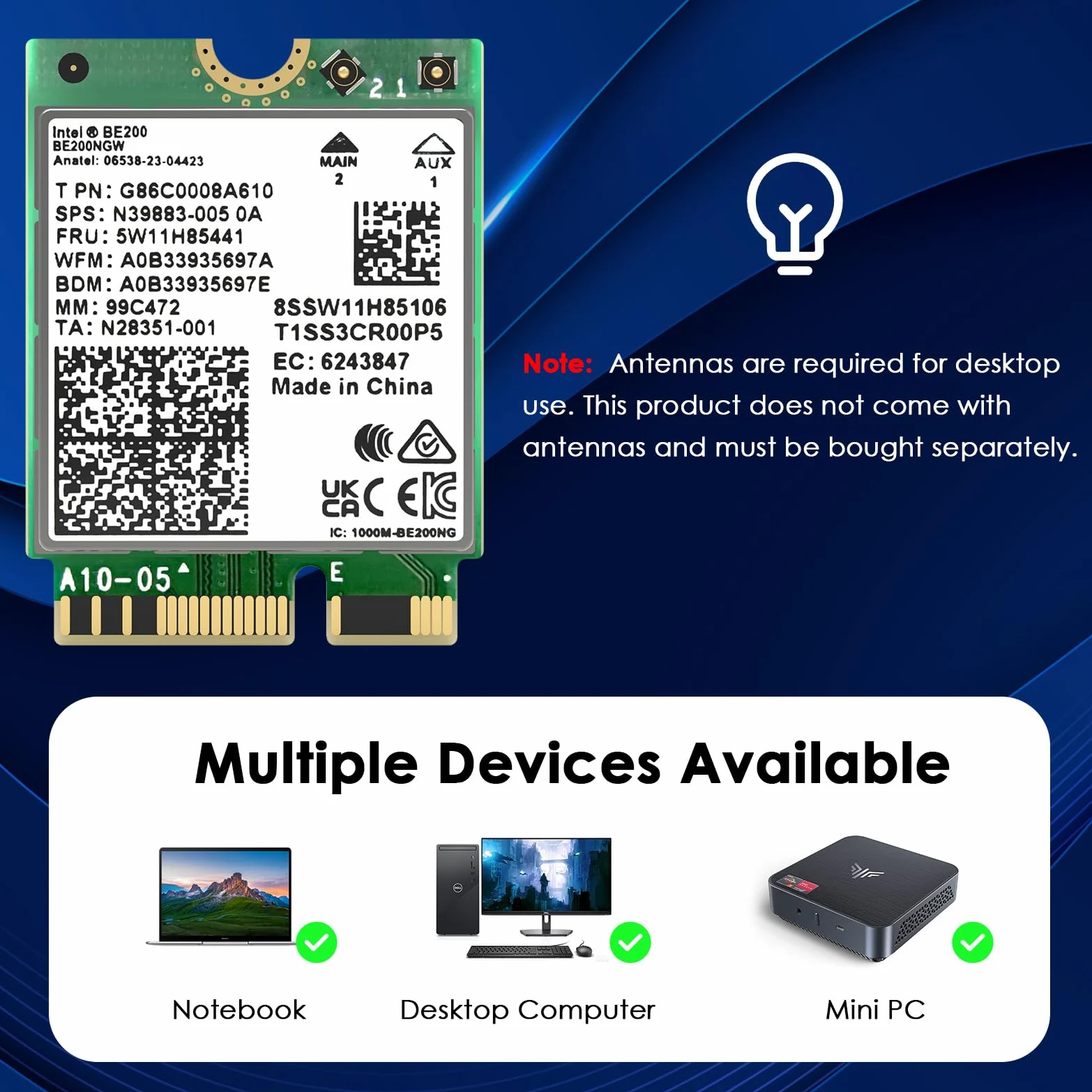 WAVLINK WiFi 7 Carte WiFi, 8774Mbps Tri-Band BE200 M.2 NGFF Network Module with Bluetooth 5.4, MU-MIMO, WPA3, Support Windows 10/11(64-bit) Laptop, Non Disponible pour Les Cartes mères AMD
