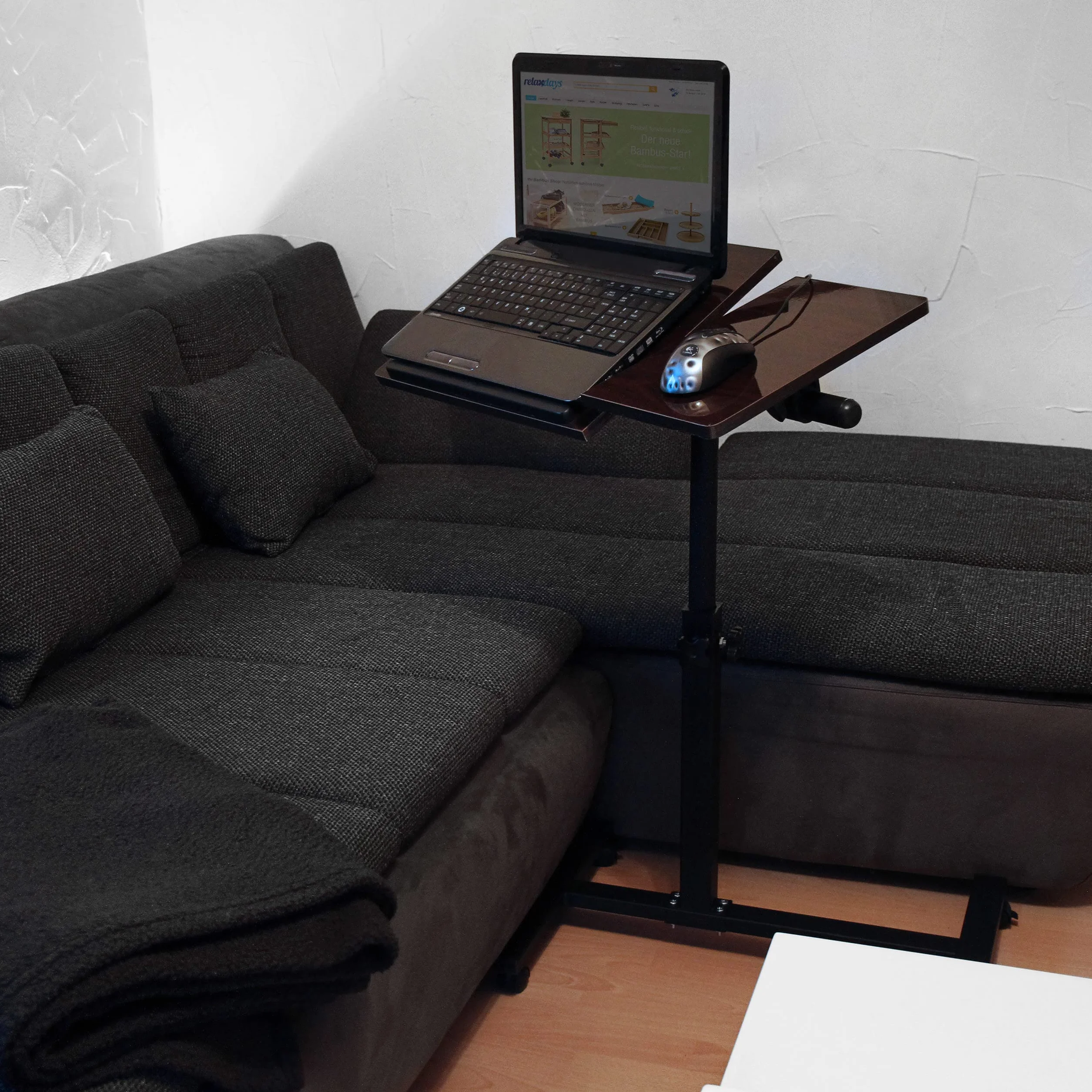 Relaxdays Table pour ordinateur portable hauteur réglable roulettes pliable 95 x 60 x 40,5 cm bois d'ébène noir