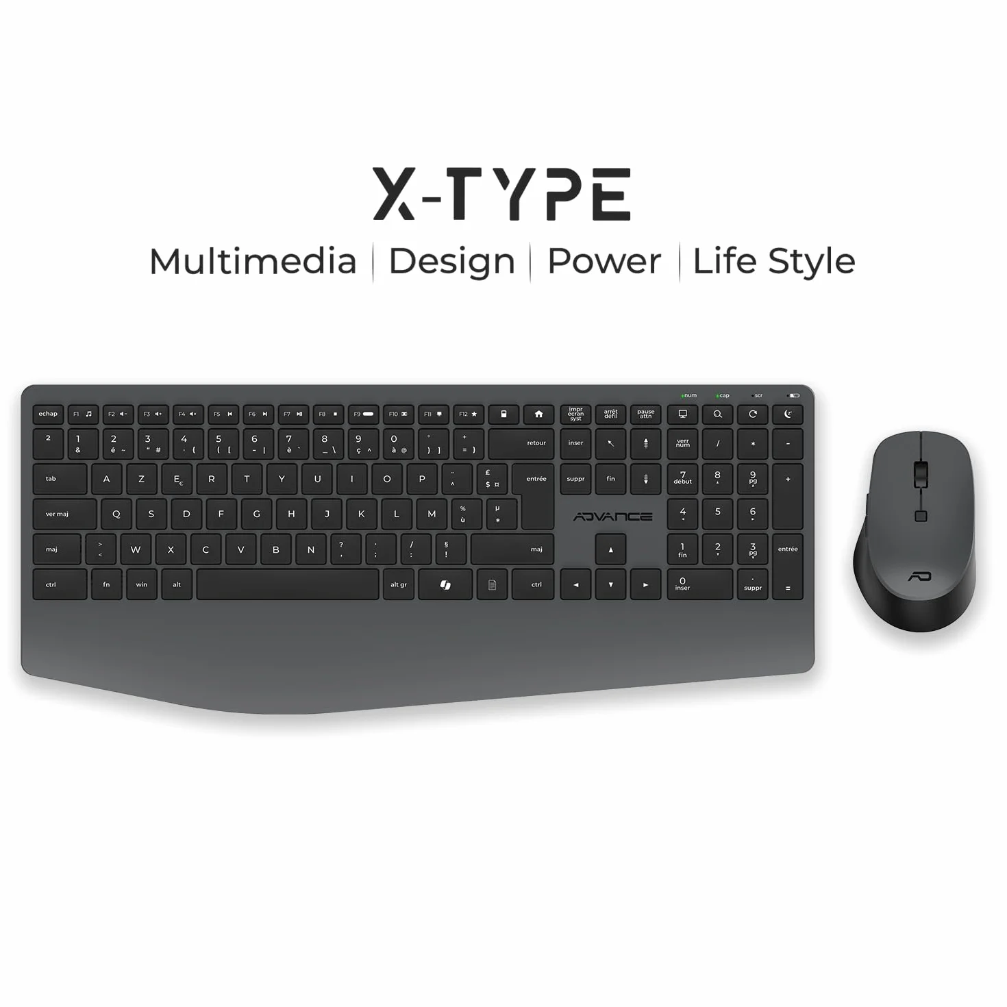 Ensemble Clavier Souris sans Fil Silencieux AD ADVANCE X-Type, AZERTY, 1600 DPI, 112 Touches, Noir