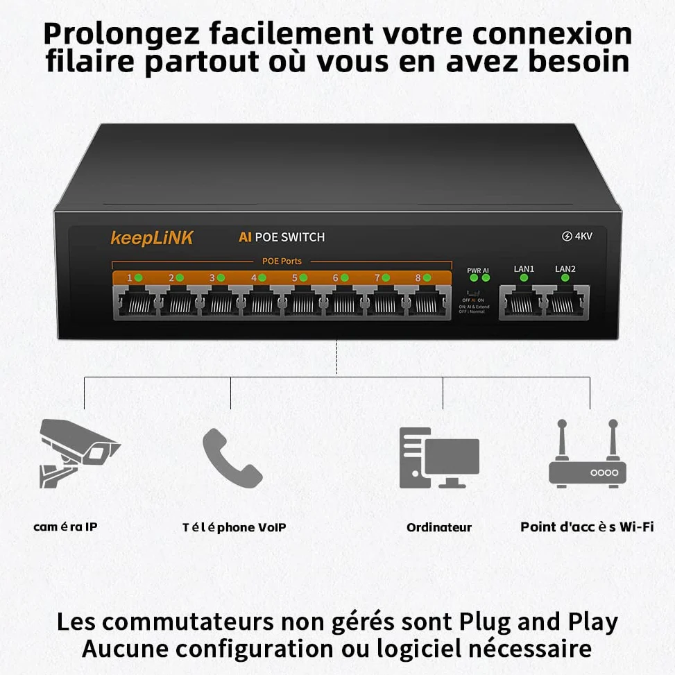 10 Port Gigabit PoE Switch, 8 Ports 1000Mbps PoE+, 2 Ports 1000Mbps Uplink, Puissance intégrée de 120 W IEEE802.3af/at, Plug and Play Non géré en métal sans Ventilateur