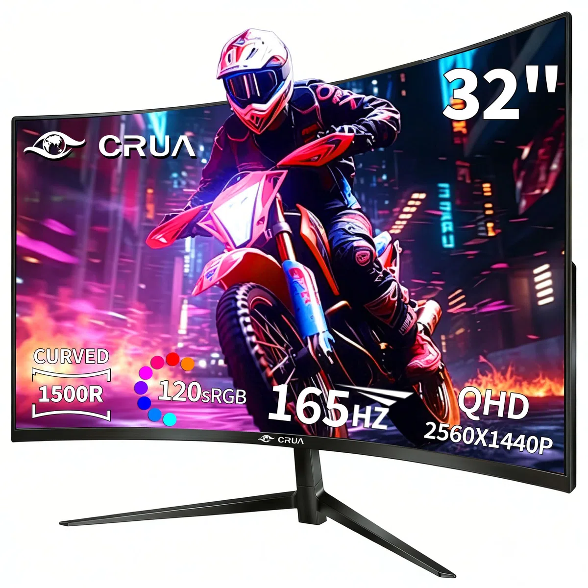 CRUA Ecran PC Gaming Incurvé 32 Pouces 2K (2560x1440p) 165Hz 144Hz,1 ms, Panneau VA, 1500R, sRGB 120%, DCI-P3 90%, Adaptive-Sync, Ultra-Thin Frameless HDMI,DP,VESA