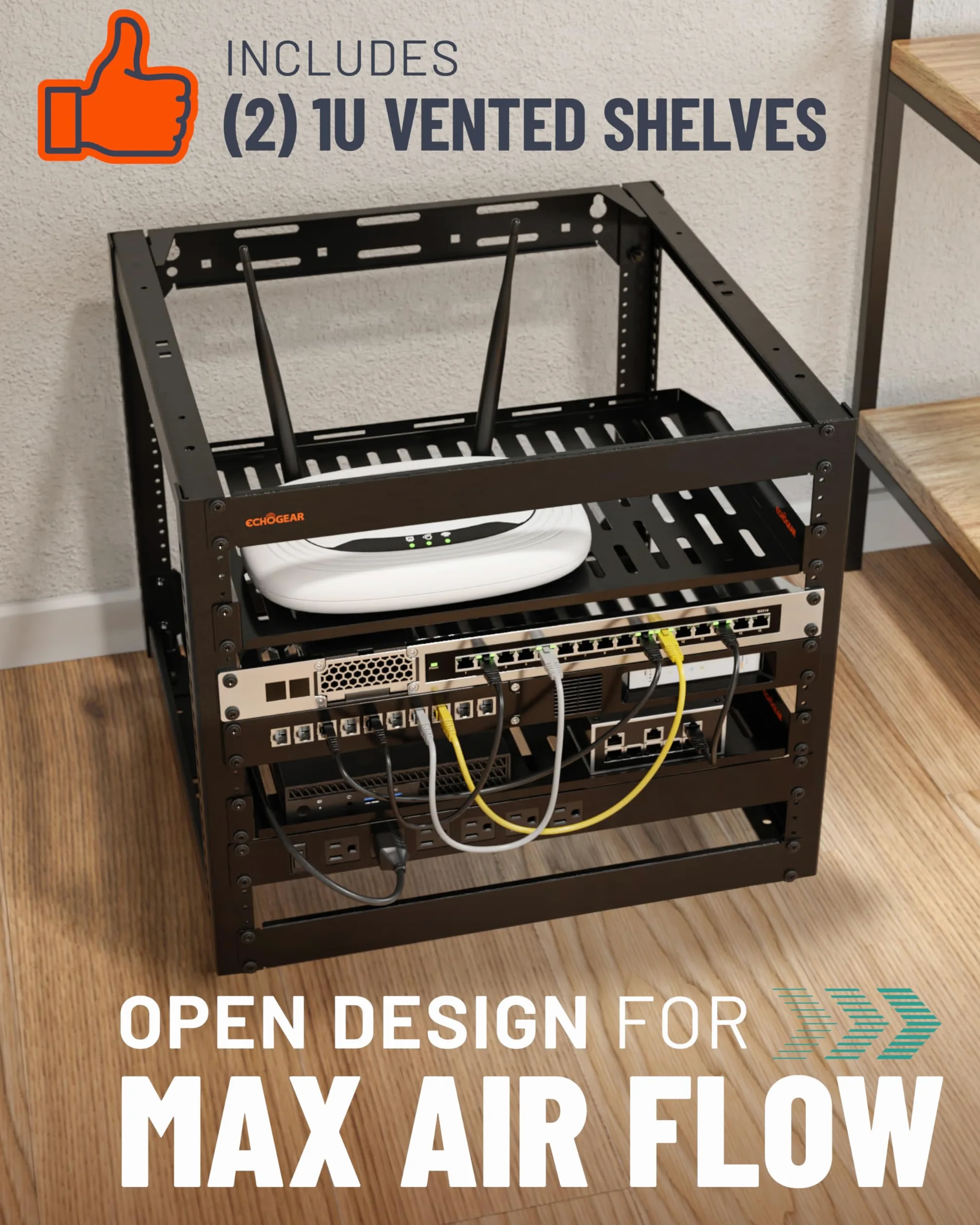 ECHOGEAR Rack réseau 10U – Fixation Murale Robuste à 4 Montants pouvant contenir Tous Vos équipements réseau et AV – Cadre Ouvert avec 2 étagères ventilées 1U et matériel de Montage