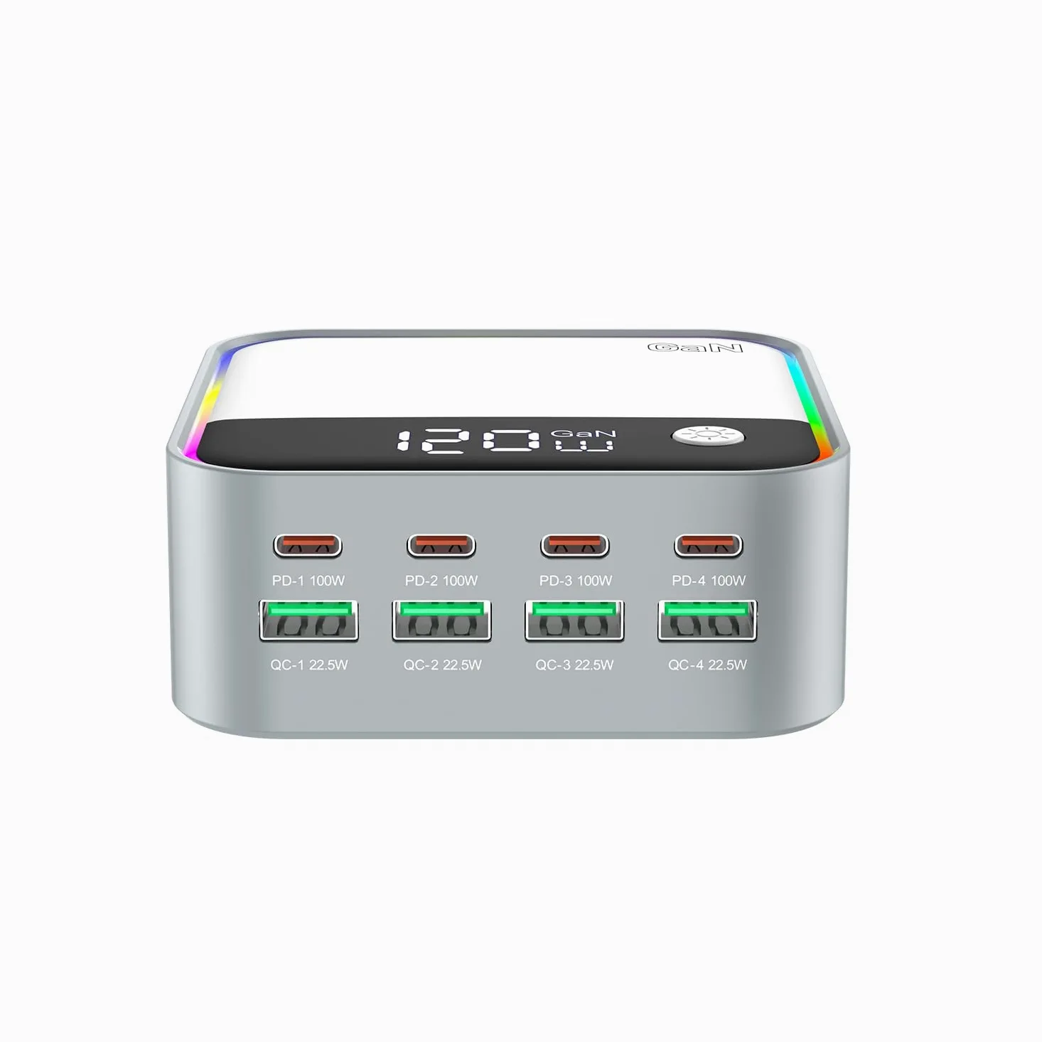 120W Chargeur rapide, station de charge USB C GaN à 8 ports avec port de charge rapide PD3.0 et QC3.0 de 100W et affichage numérique intelligent