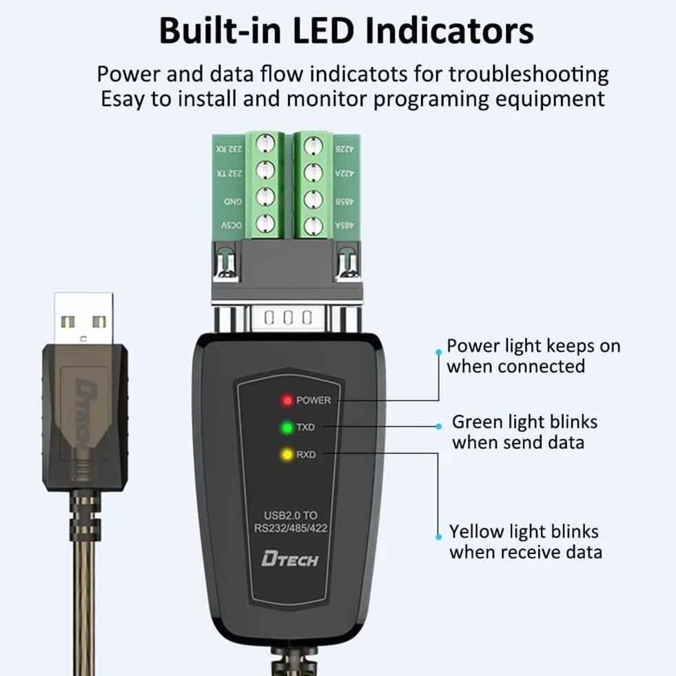 DTech Adaptateur USB vers série RS485 RS422 R232 avec tableau de bord LED prise en charge DC5V pour différents appareils de commande Windows 10 8 7 XP Mac (1,5 m (interface 3 en 1)