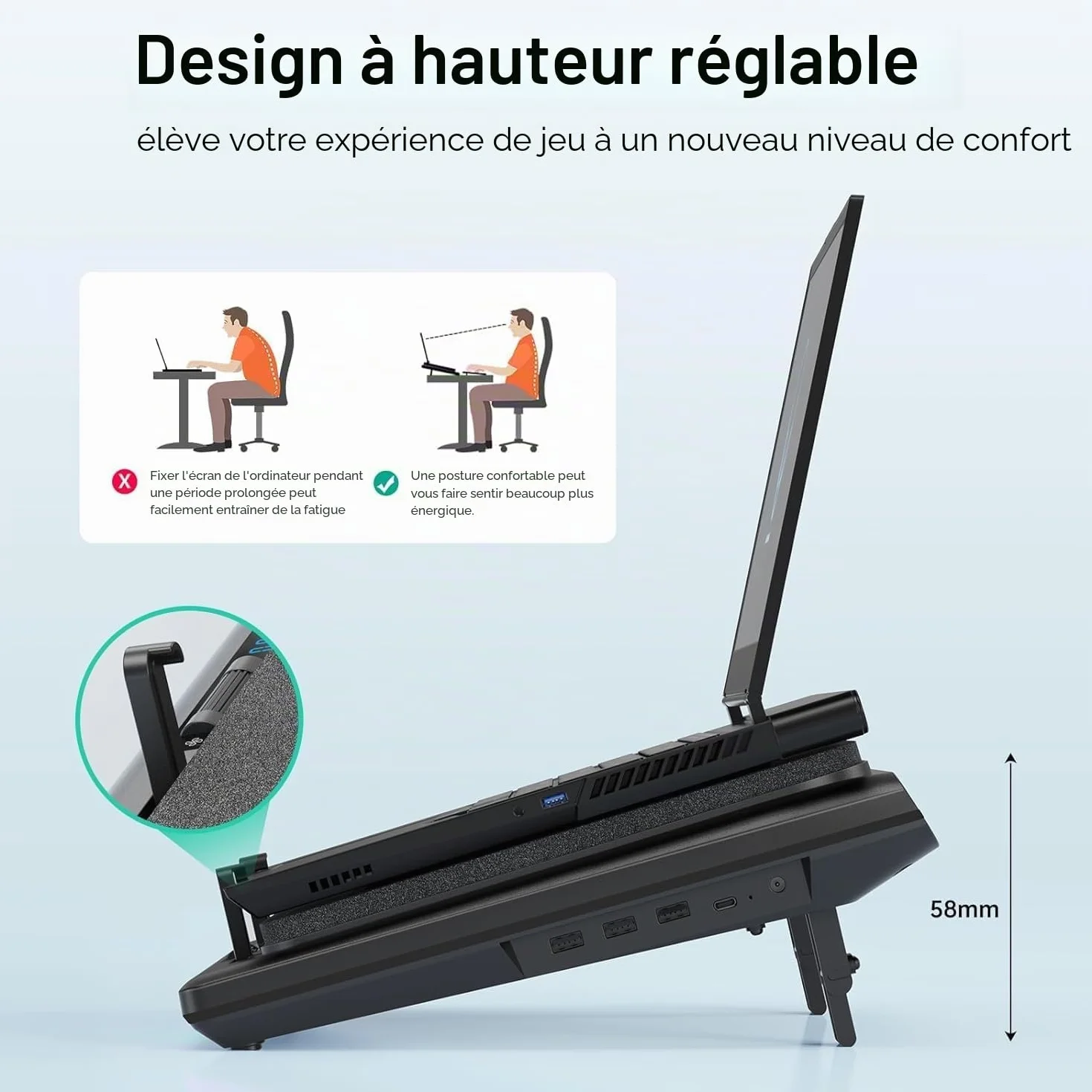 Refroidisseur Ordinateur Portable de Jeu avec Commande Tactile Tapis de Souris 3 Ports USB A Ventilateur Turbo 15-19" llano