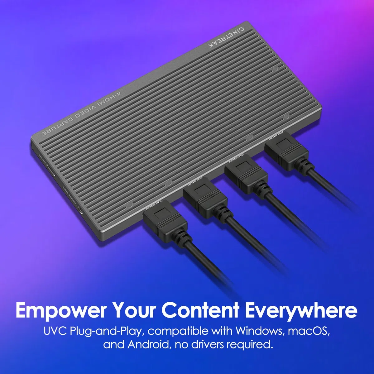 CineTreak CT-4 Carte de capture vidéo 4K - 4 entrées HDMI, UVC Plug-and-Play, capture simultanée à 4 canaux, USB 3.2 10 Gbit/s, entrée audio professionnelle, charge PD 100 W, pour streaming, jeux