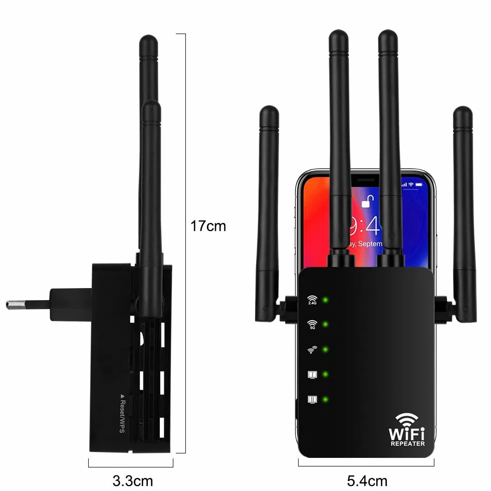 Répéteur WiFi AC1200 Double Bande 2.4GHz 5GHz 4 Antennes Externes 2 Port Ethernet 120㎡