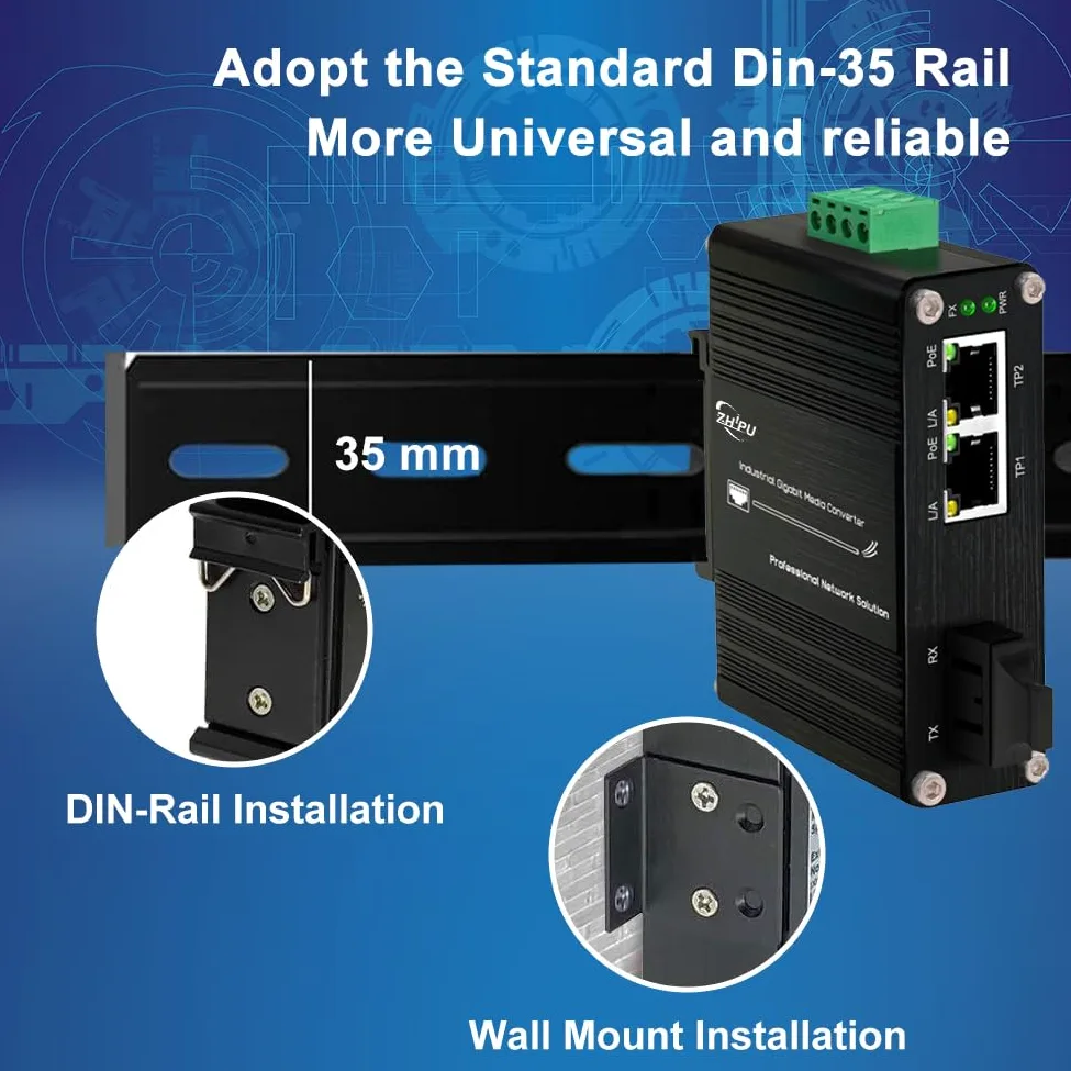 Convertisseur de média industriel 1,25 G Gigabit SC vers Ethernet prenant en charge le rail DIN, commutateur de fibre IEEE 802.3af/at 30 W PoE avec 2 ports RJ45 et 1 port SC monomode, jusqu'à 20 km,