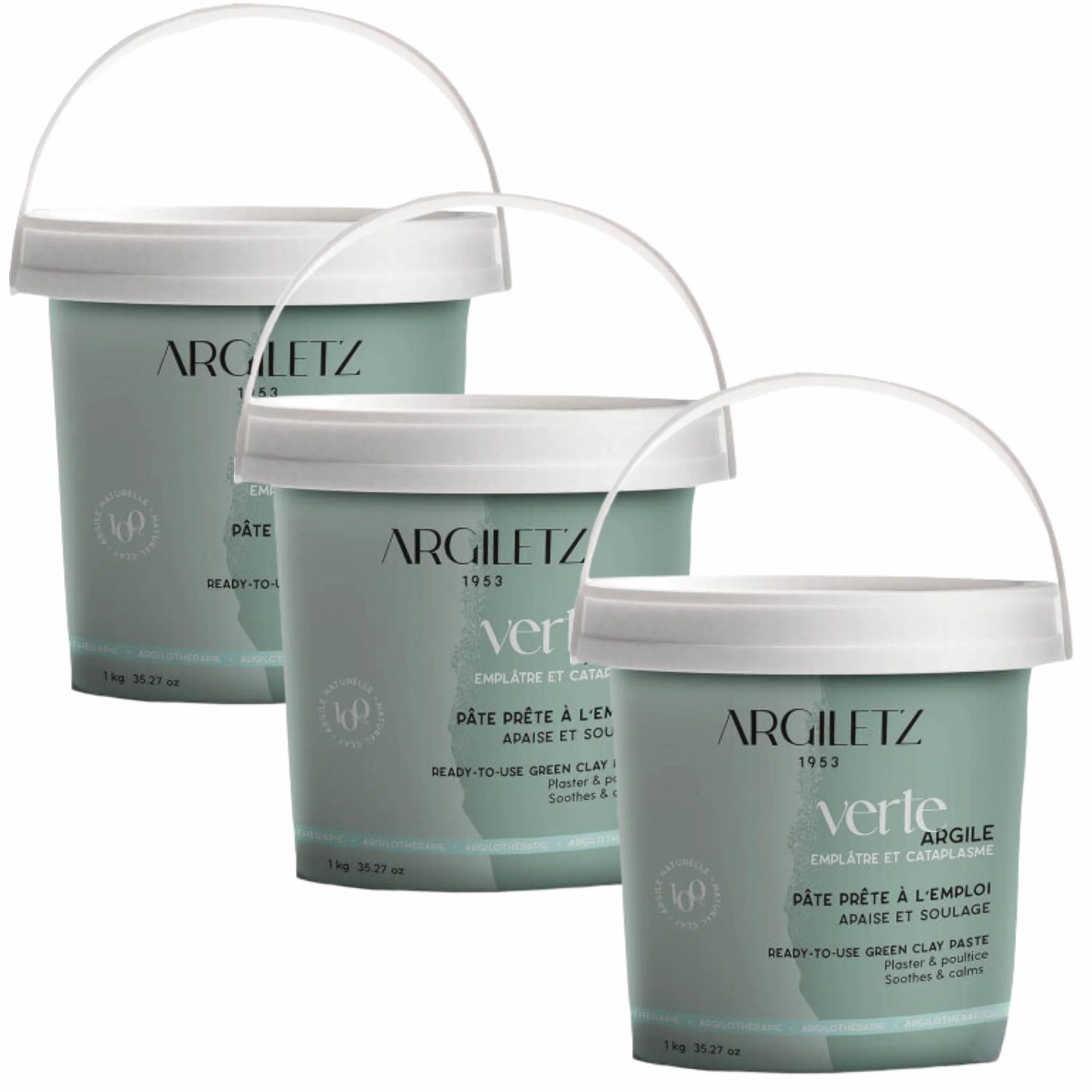 Argiletz Argile Verte 1kg Lot de 3 Pots Prête à l'emploi