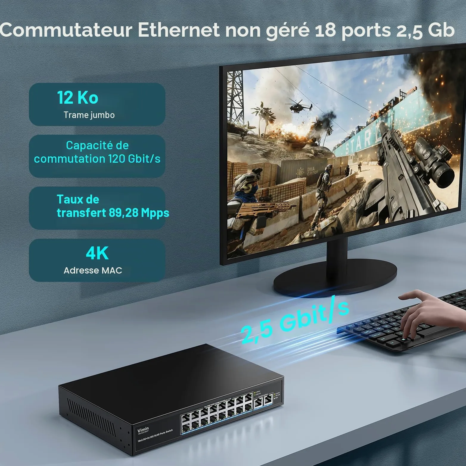 Switch Ethernet 16 Ports 2,5G + 2 Port 10GBASE-T, Vimin 16X 2,5G+2 Ports RJ45 10Gb Switch Non Géré, 2.5G Switch Capacité 120Gbit/s, Commutateur 2,5G/10G Réseau de Bureau/Mural pour NAS, PC, AP