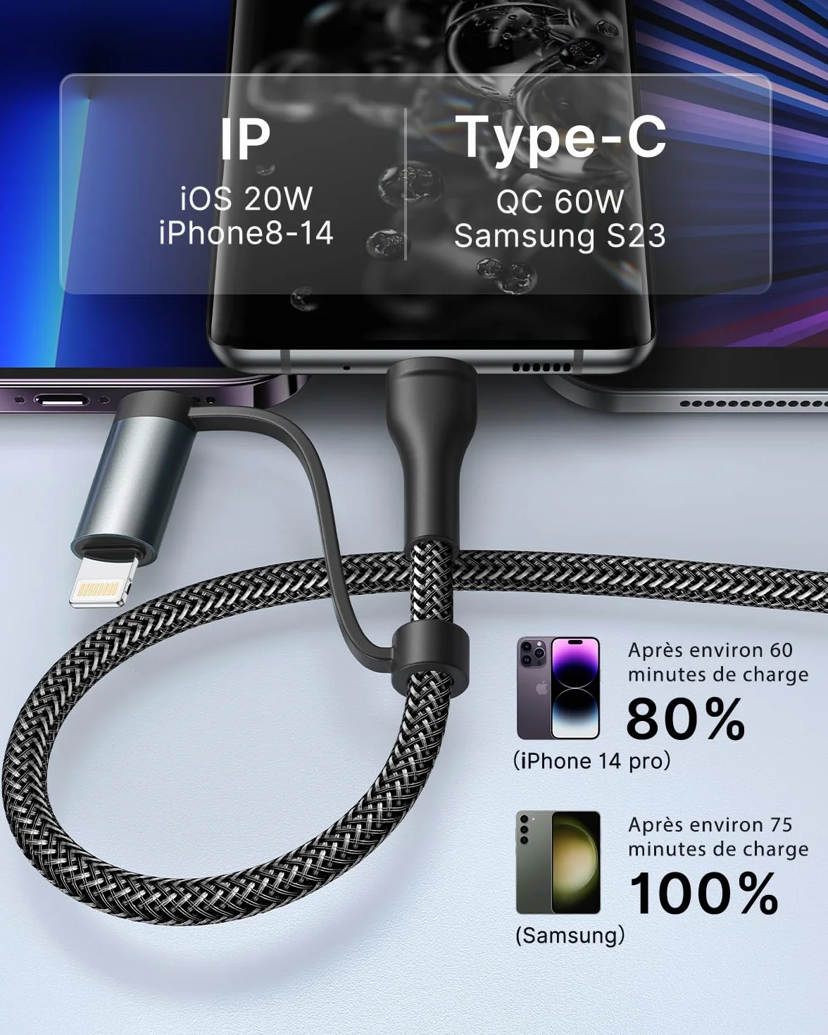 Câble Multi USB 4 en 1 1M Nylon Tressé USB C vers Lightning pour iPhone Galaxy S24 Huawei