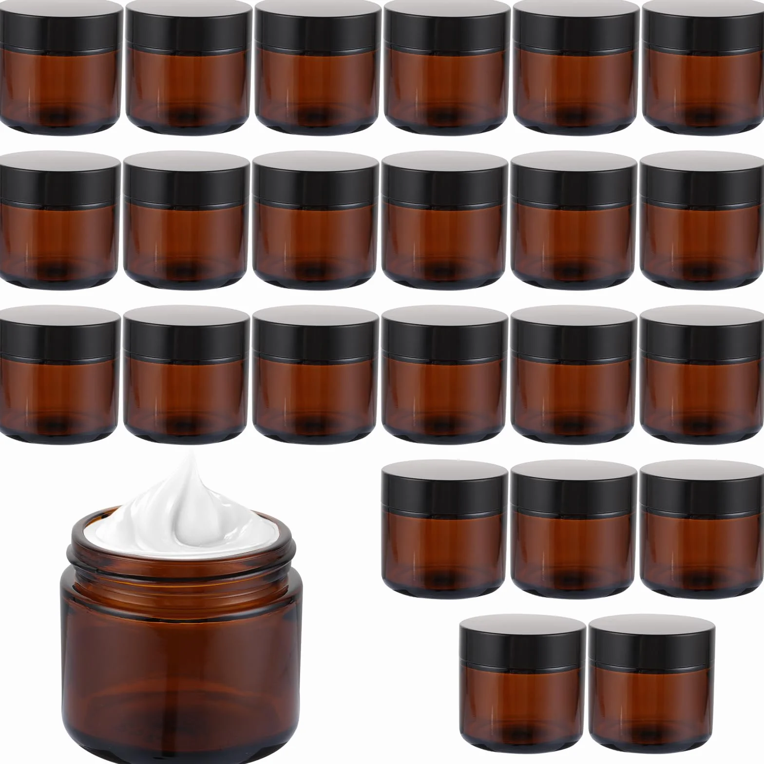 Pots en verre ambré 60 ml avec couvercles noirs - Lot de 25