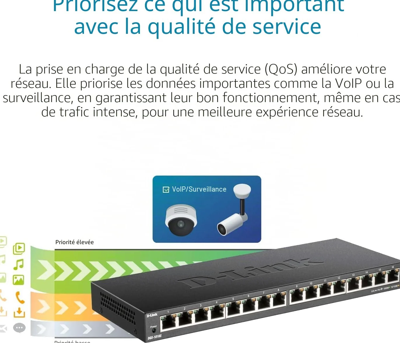 D-Link DGS-1016S Commutateur Gigabit Non géré à 16 Ports, sans Ventilateur, Profil Bas, boîtier en métal, Montage Mural/de Bureau, Plug-and-Play, QoS 802.1p, 802.3az EEE Noir DGS-1016S