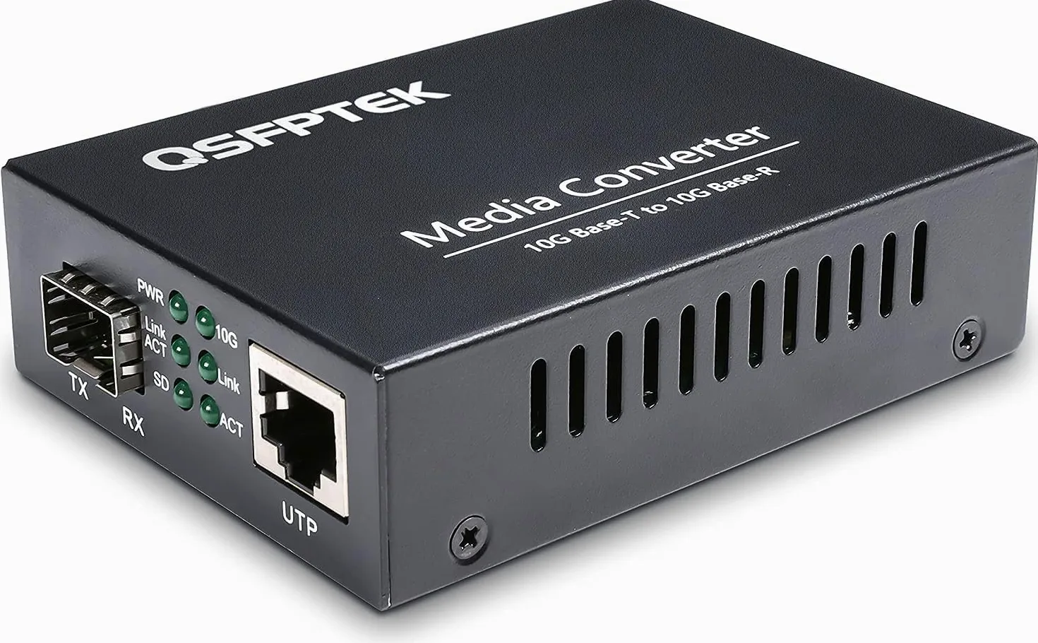 QSFPTEK Convertisseur de média 10 G, fibre 10 Gigabit vers cuivre UTP Ethernet 10 G, non géré 1 x 100 M/1 G/2,5 G/5 G/10 GBase-T RJ45 vers 1 emplacement SFP+ 10 GBase-X