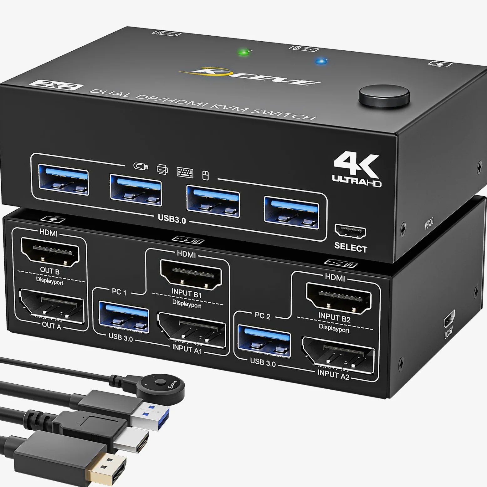KVM Switch 2 PC 2 moniteurs DP HDMI, USB 3.0 Dual Monitor KVM Switch DisplayPort HDMI Partager 4 ports USB 3.0 Souris clavier, 4K @ 60Hz, Wired Remote(4K DP HD 2 in 2 out KVM)