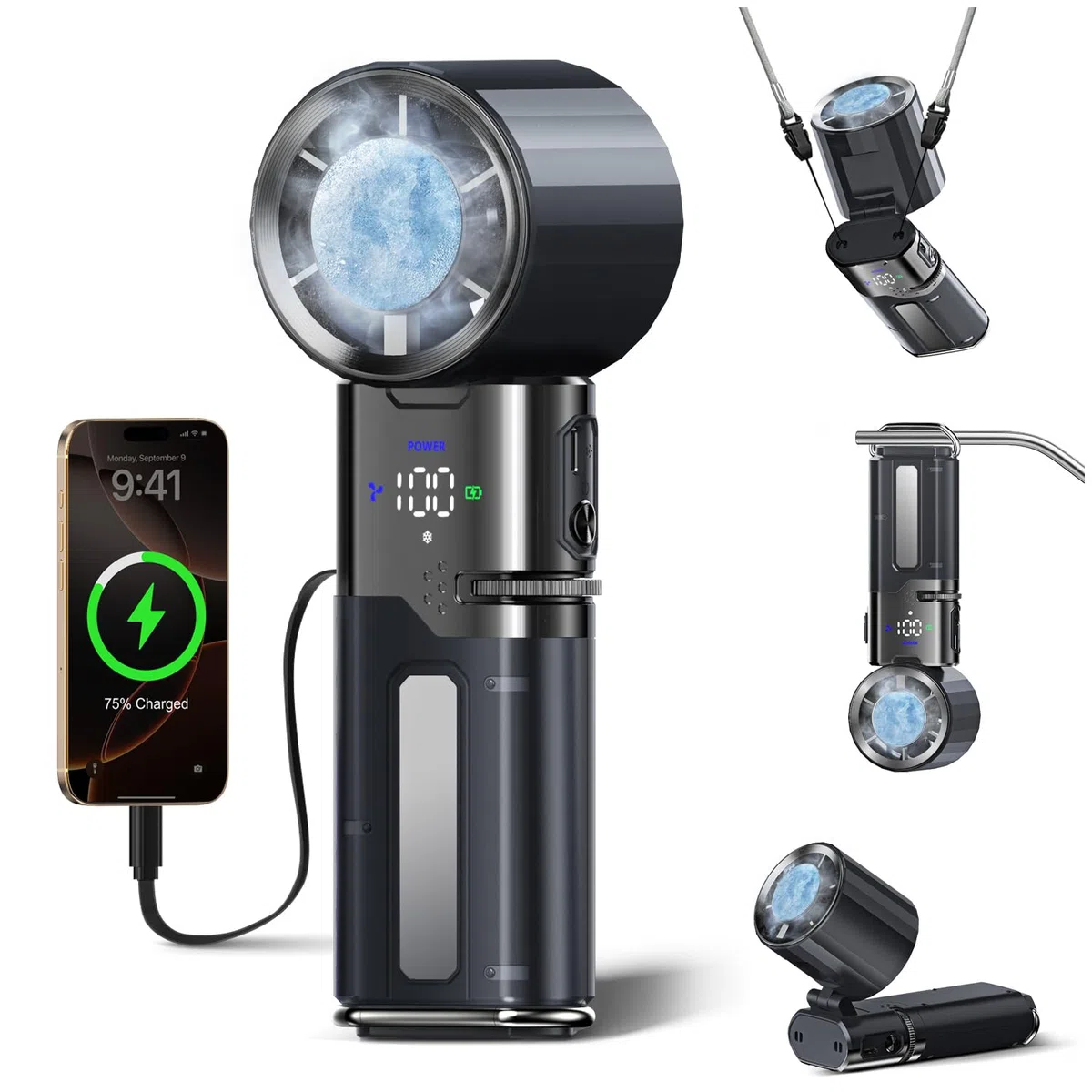 yAyusi Ventilateur Turbine Portable à Main, 9000 mAh Multifonction Ventilateur Refroidissement Rapide et Fonction Charge, 100 Vitesses, Câble Type-C Intégré et Écran LED, Idéal pour Voyage et Bureau