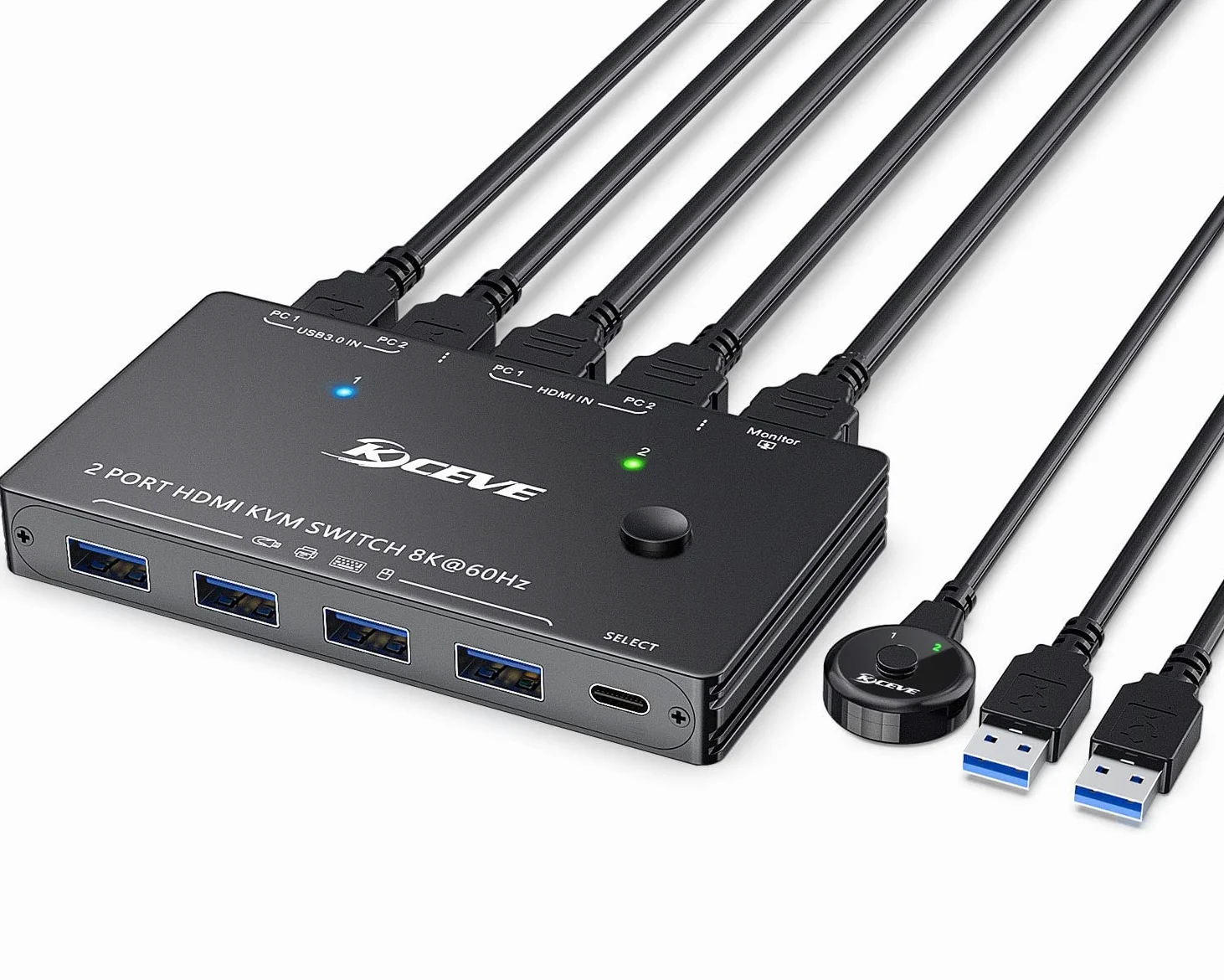 KCEVE 8K USB 3.0 Commutateur KVM HDMI Commutateur KVM 2 Ports Supporte une résolution de 7680 * 4320@60Hz, 3840 * 2160 @ 120Hz pour 2 Ordinateurs, la Souris, Clavier et Moniteur
