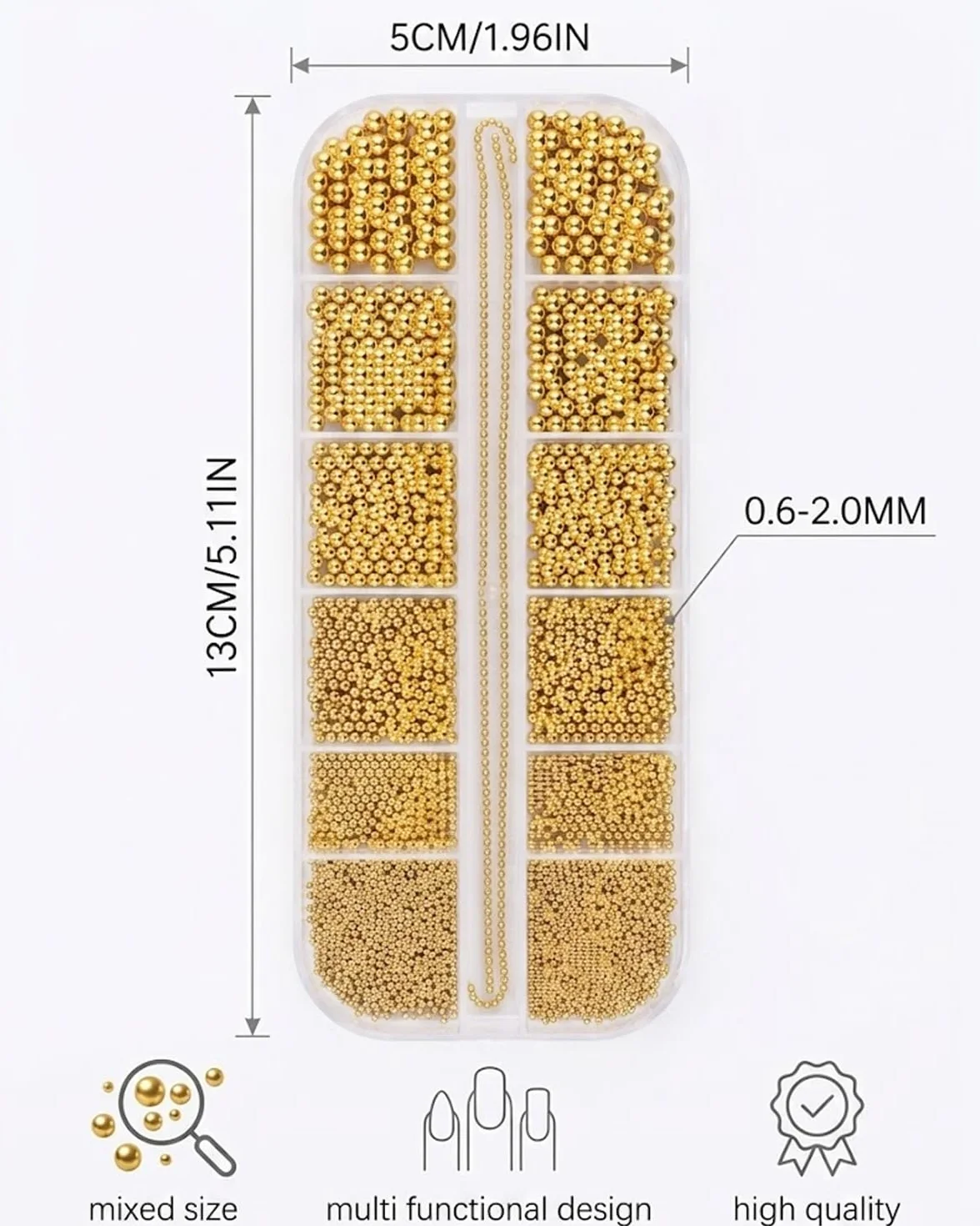 Boîte Perles Acier Doré pour Ongles, Coffret 12 Compartiments 0.6-2.0mm + Chaînes Or, Assortiment Multi-Tailles Nail Art 3D