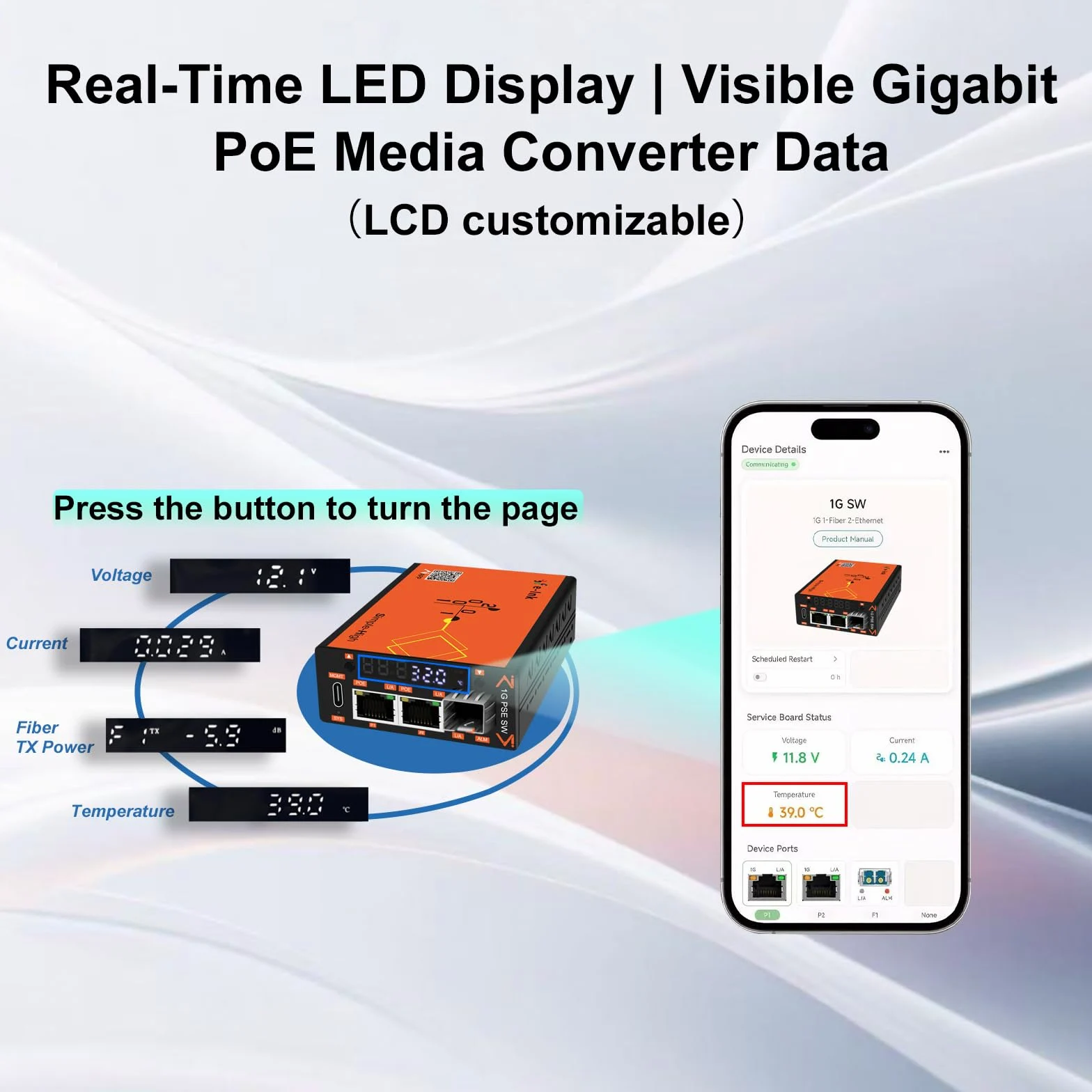 Convertisseur de média en fibre PoE 30 W géré intelligemment visualisé, 10/100/1000 Mbps, 2 × PoE RJ45 1 × SFP, écran LED, DIP VLAN, contrôle APP/Web, alarme DDM, pour autoroute, transport ferroviaire